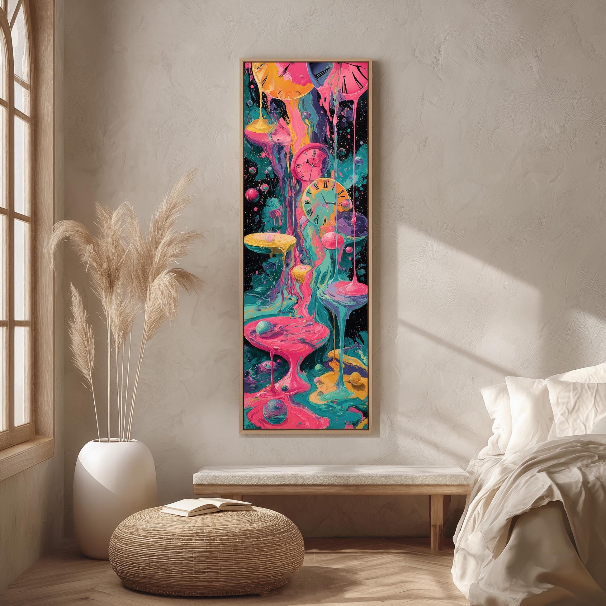 a vibrant, abstract painting hanging on a wall in a room with a large window, a white bench, and a woven ottoman.