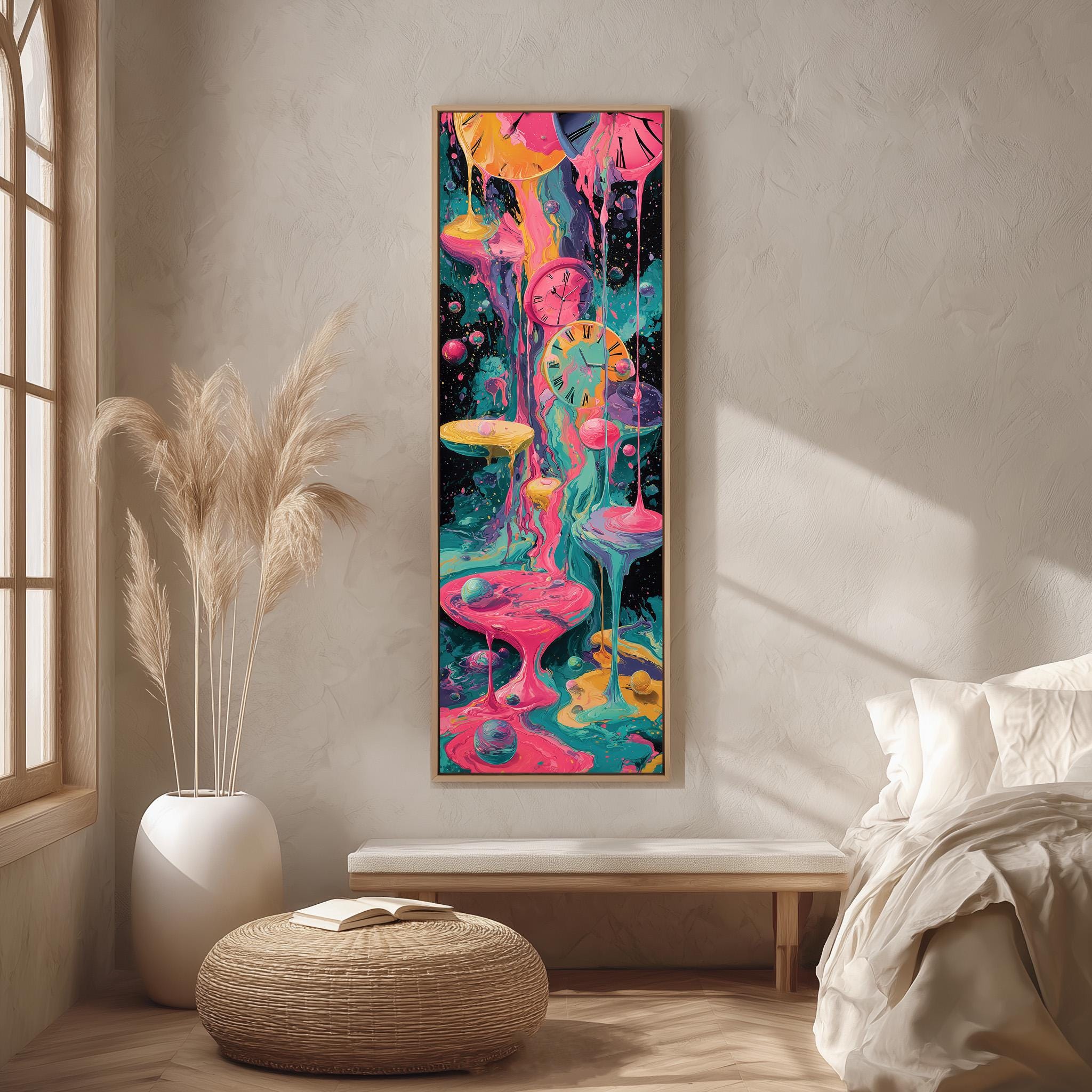 a vibrant, abstract painting hanging on a wall in a room with a large window, a white bench, and a woven ottoman.