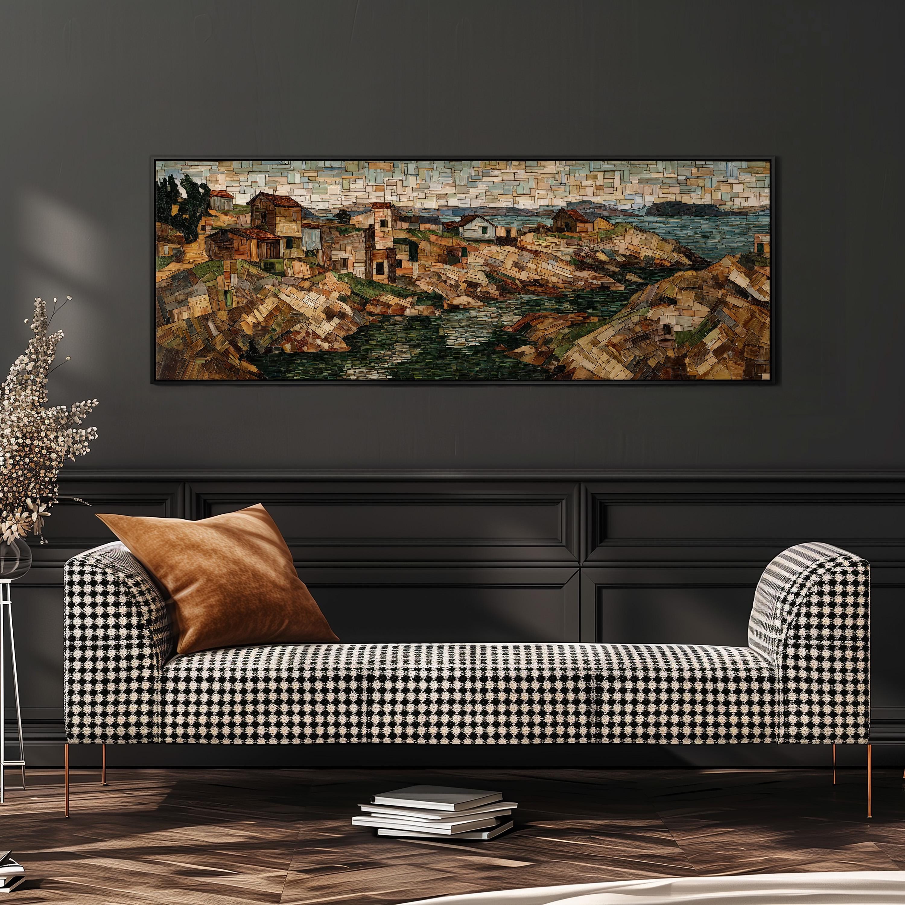a large, colorful mosaic artwork depicting a coastal town scene, hanging on a wall above a black and white checkered sofa.