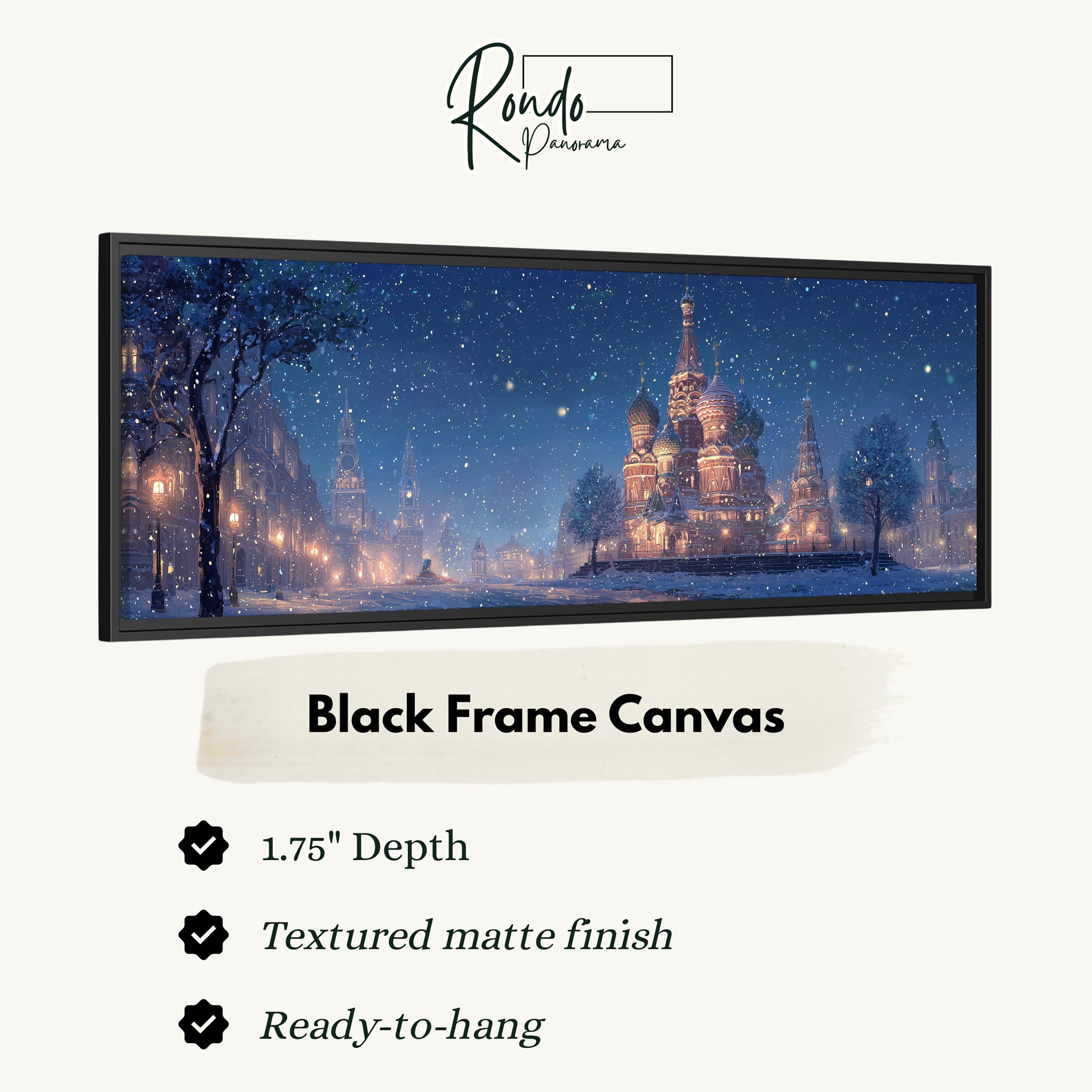 The image is a black frame canvas depicting a snowy cityscape at night with a castle in the background.