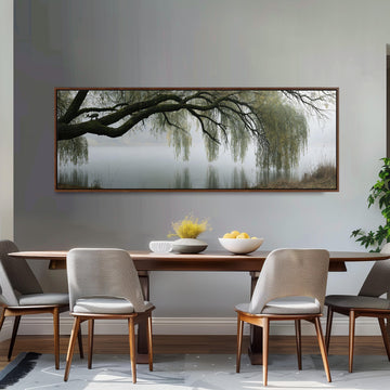 Weeping willow over a misty lake long horizontal canvas print above a sofa in a living room