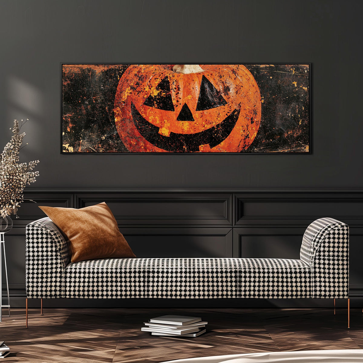 Rustic distressed jack-o'-lantern long horizontal canvas print above a sofa in a living room