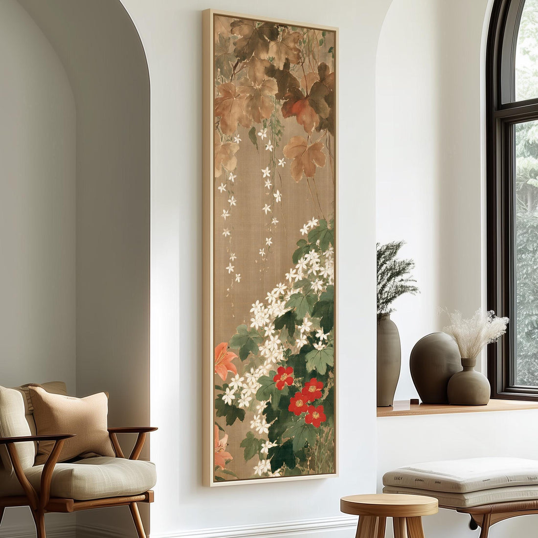 Camellia and white blossoms on a vintage screen long vertical canvas print in a sunlit living space
