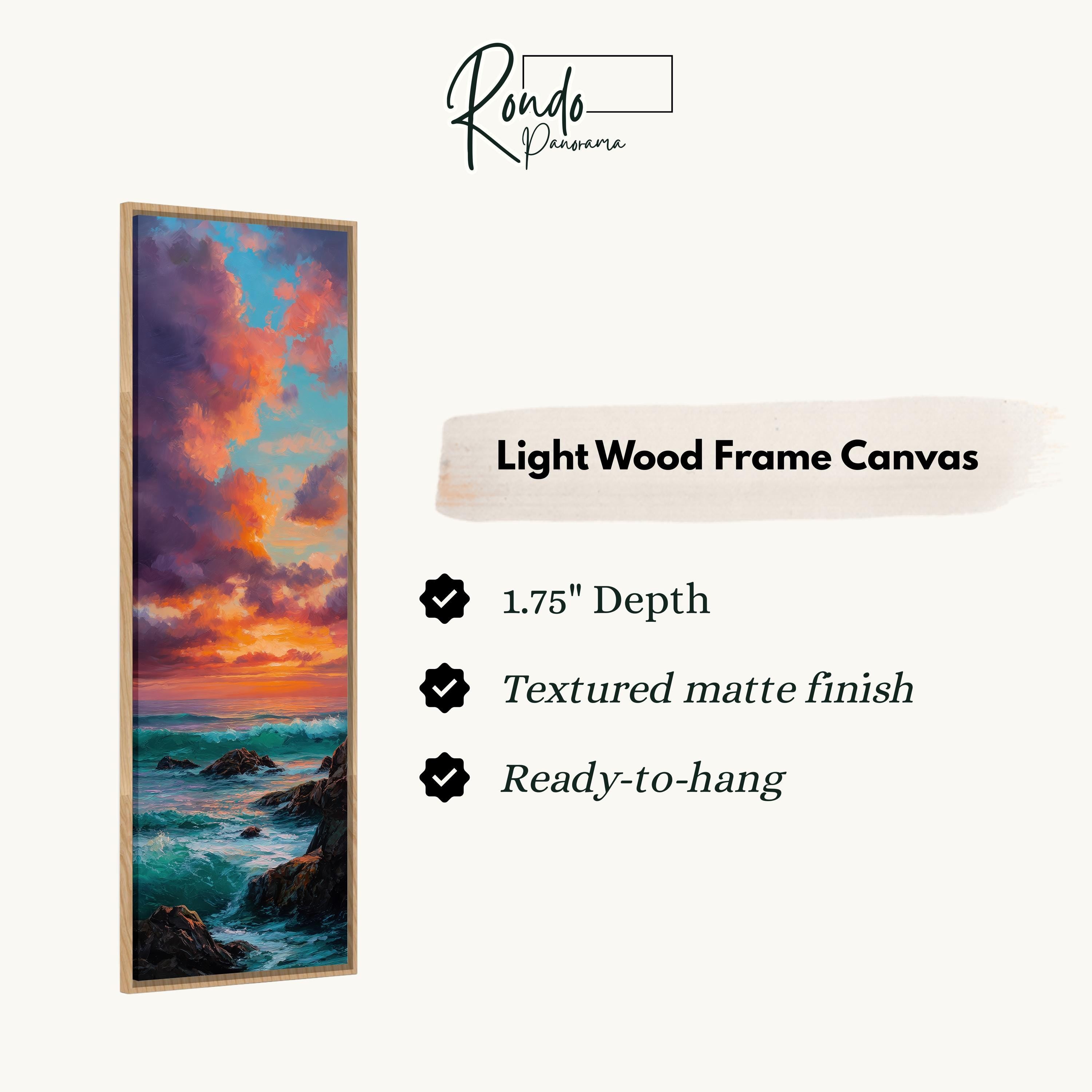 The image is a light wood frame canvas depicting a sunset over the ocean.