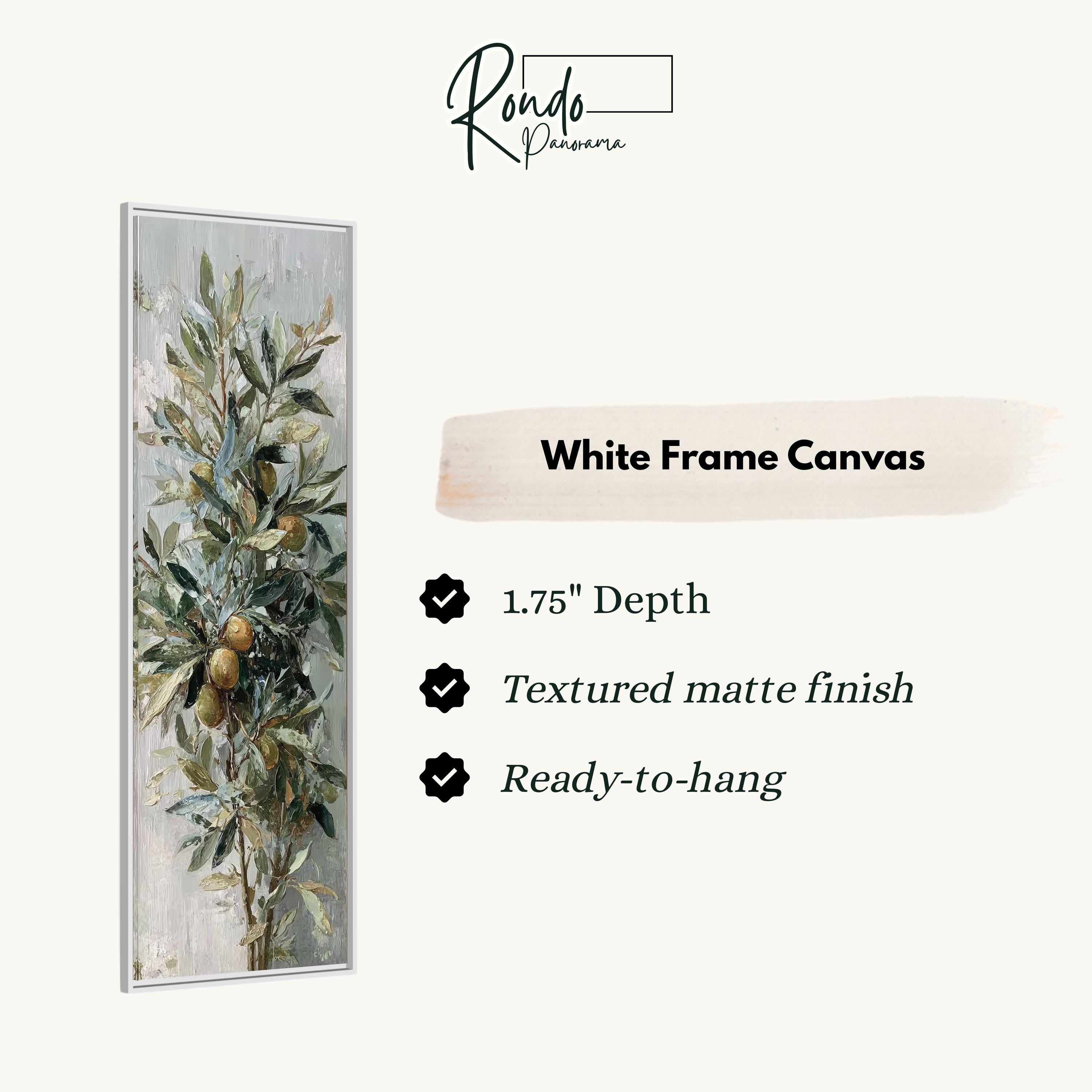 The image is a white frame canvas with a painting of a tree and leaves on it. The frame is described as having a 1.75" depth, a textured matte finish, and is ready to hang.