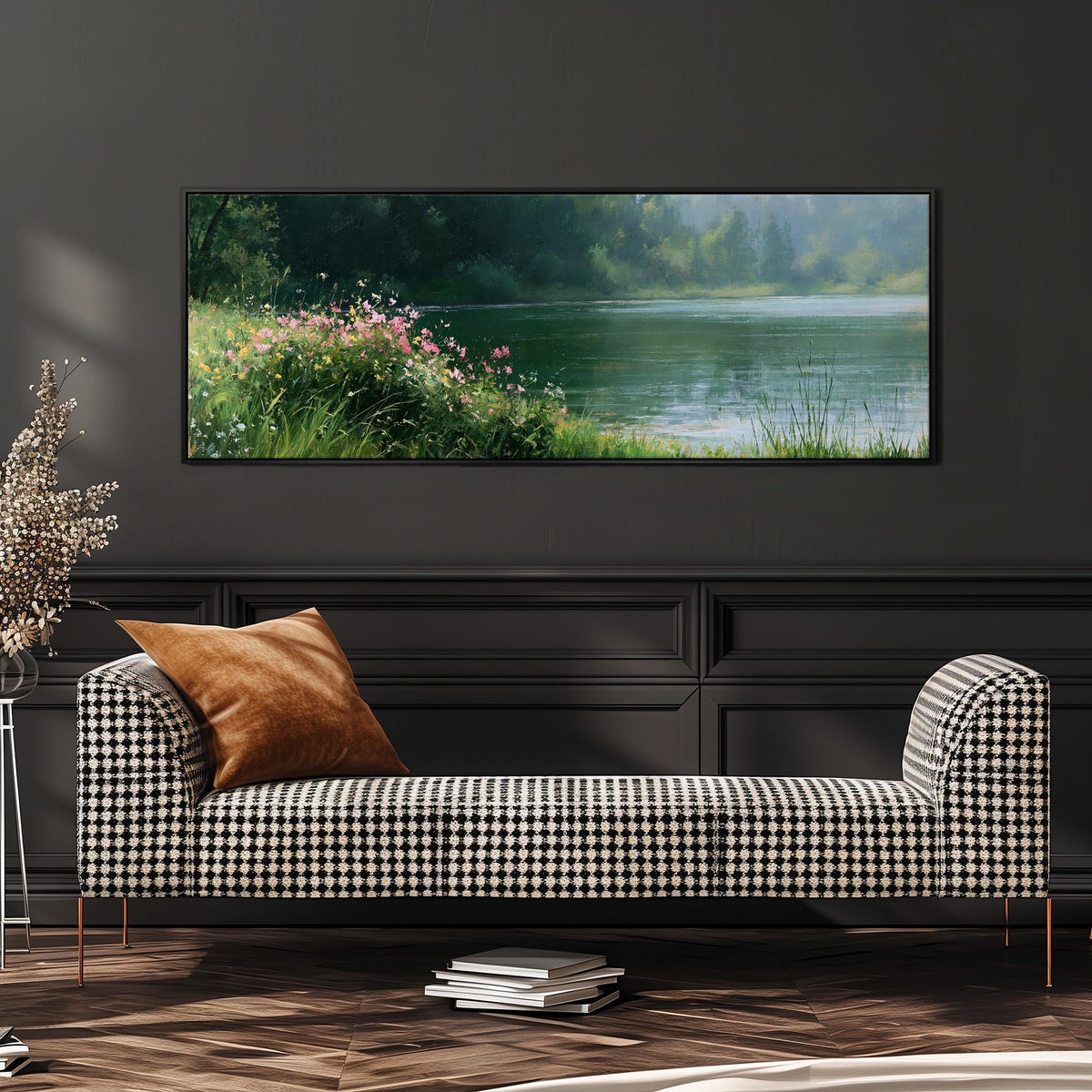 Pink wildflowers on a green lakeshore wide panoramic canvas print above a bench in a dark living room