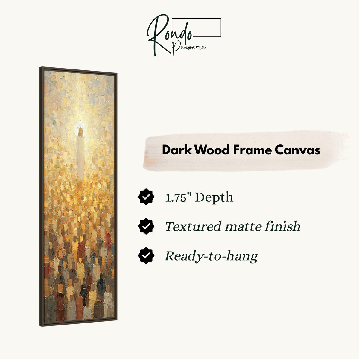 Jesus glowing above a golden crowd canvas print in a dark wood floating frame