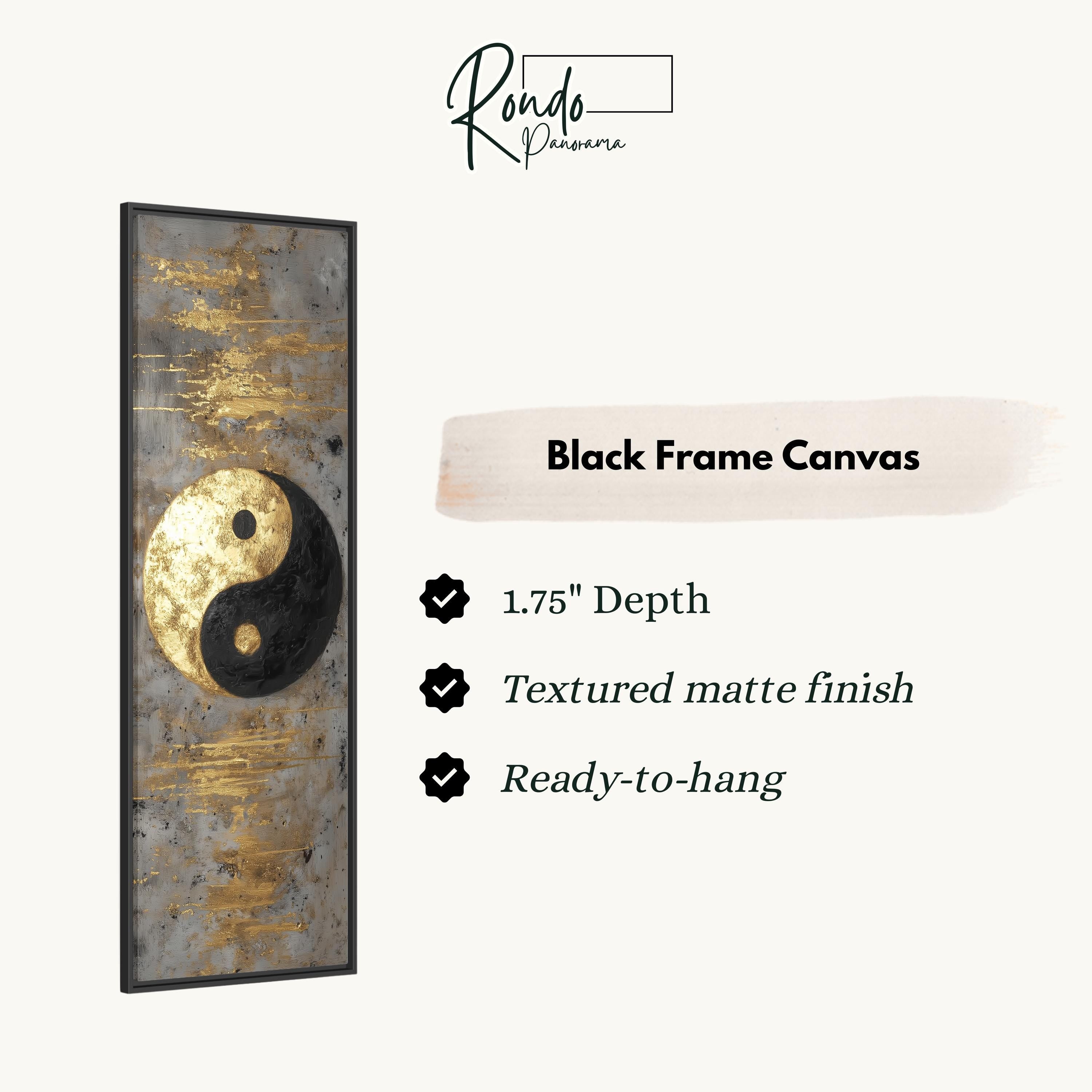 The image is a black frame canvas with a gold and black yin and yang symbol.