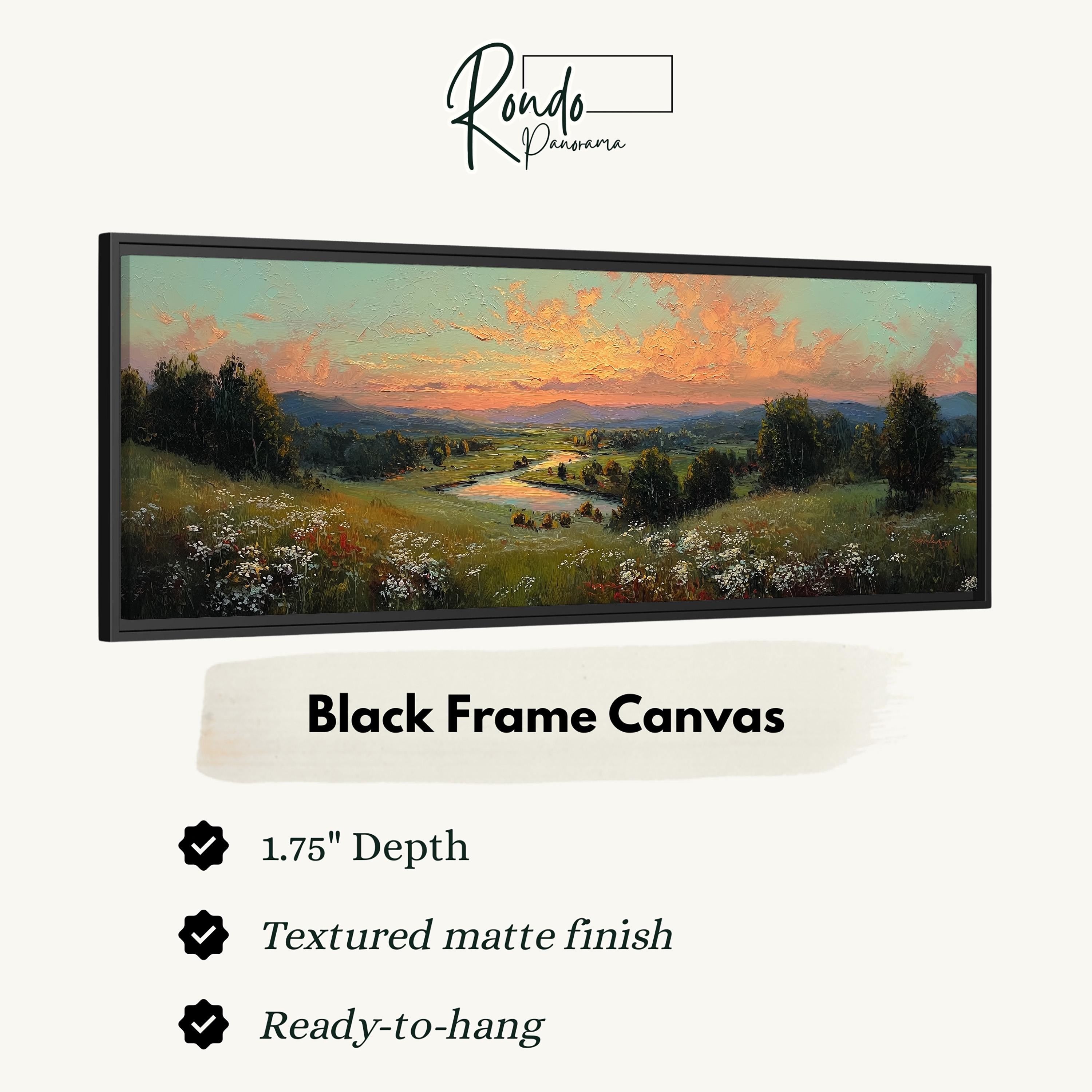 The image is a black frame canvas depicting a landscape with a sunset over a field of flowers.
