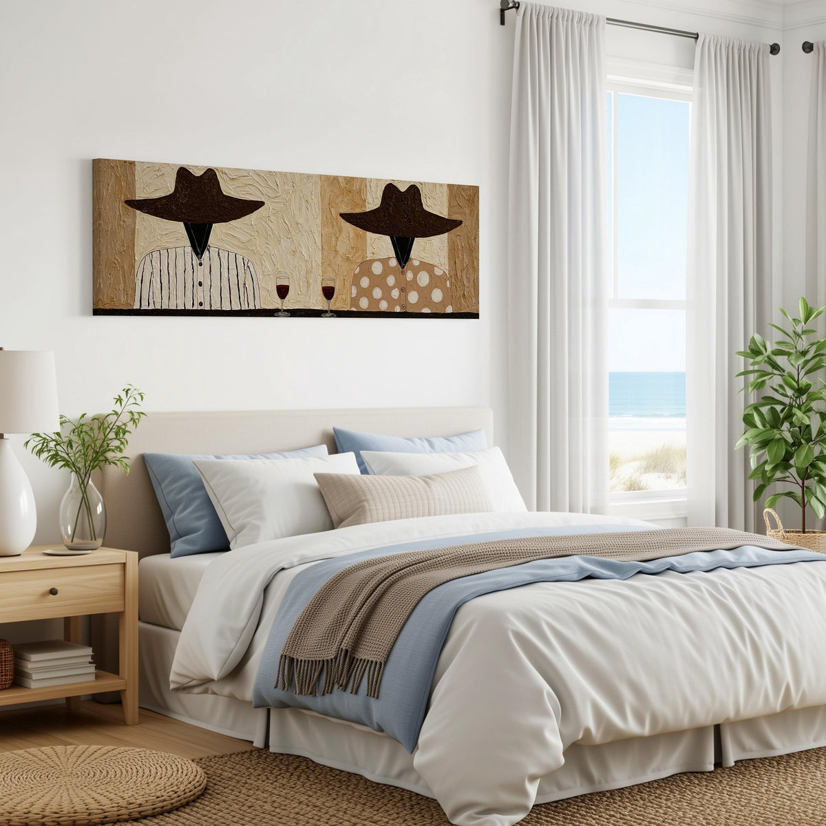 Two folk figures in hats toasting with red wine panoramic canvas print above a bed in a coastal bedroom