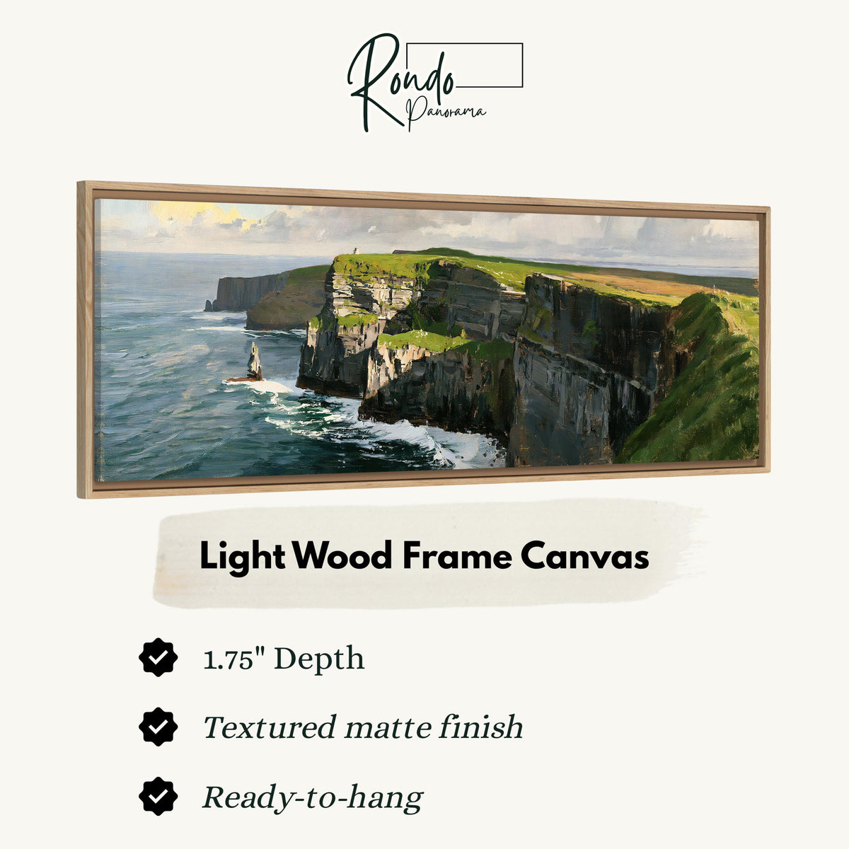 Sunlit sea cliffs with a sea stack canvas print in a light wood floating frame