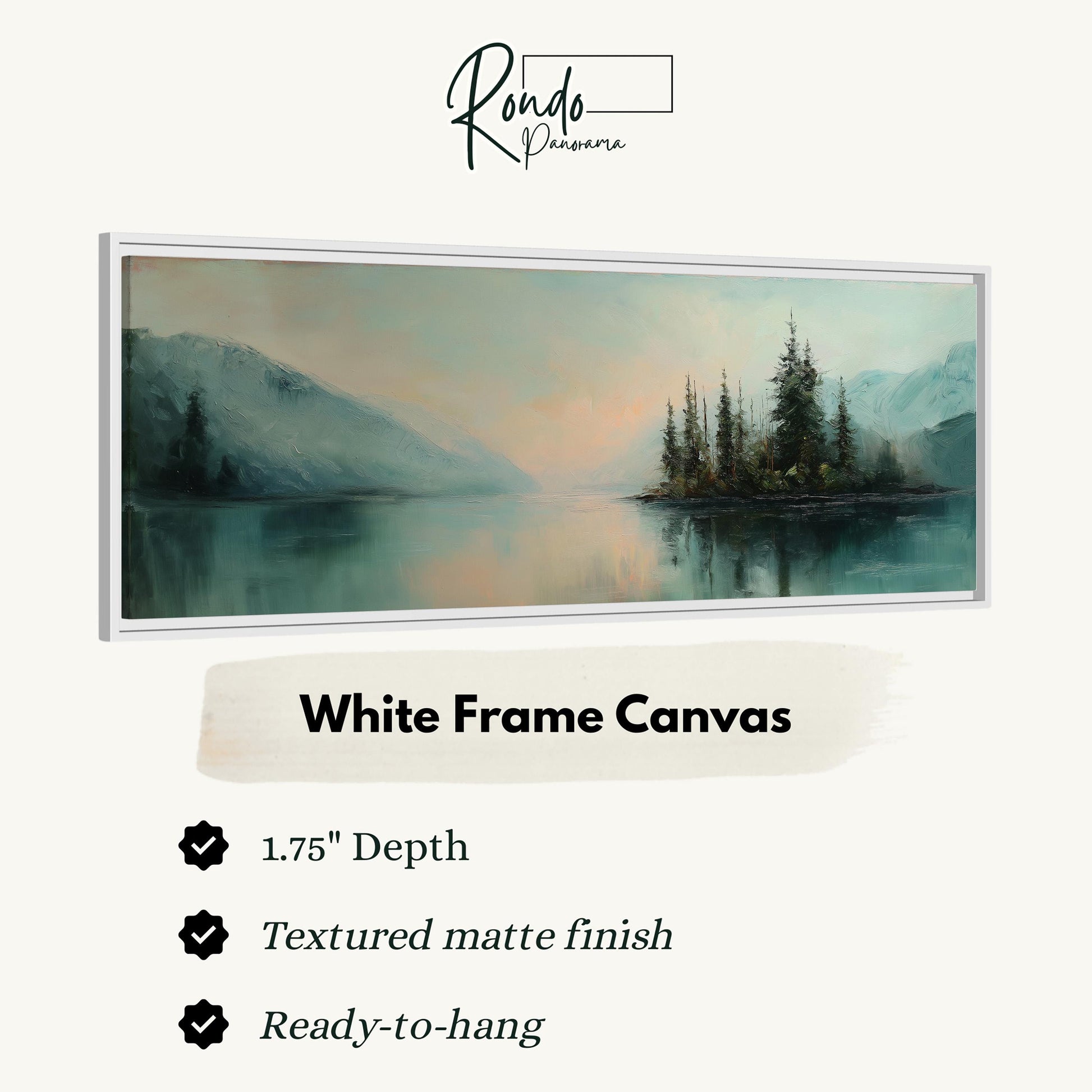 The image is a white frame canvas depicting a serene landscape with a lake, mountains, and trees.