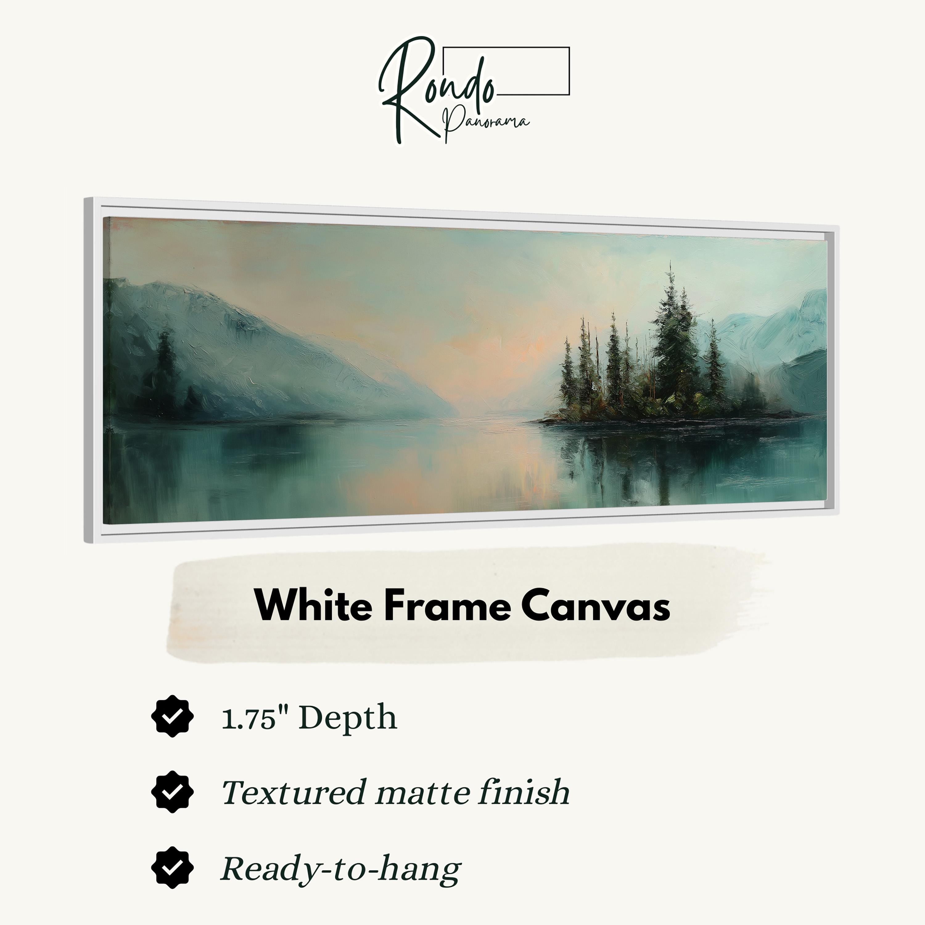 The image is a white frame canvas depicting a serene landscape with a lake, mountains, and trees.