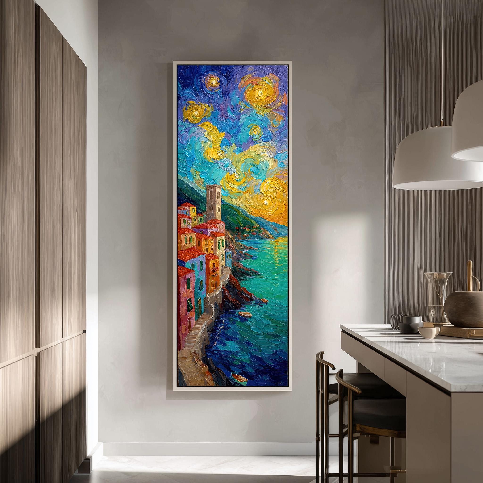 a large, colorful painting of a coastal town with a bright blue sky and swirling clouds, hanging on a wall in a modern kitchen.