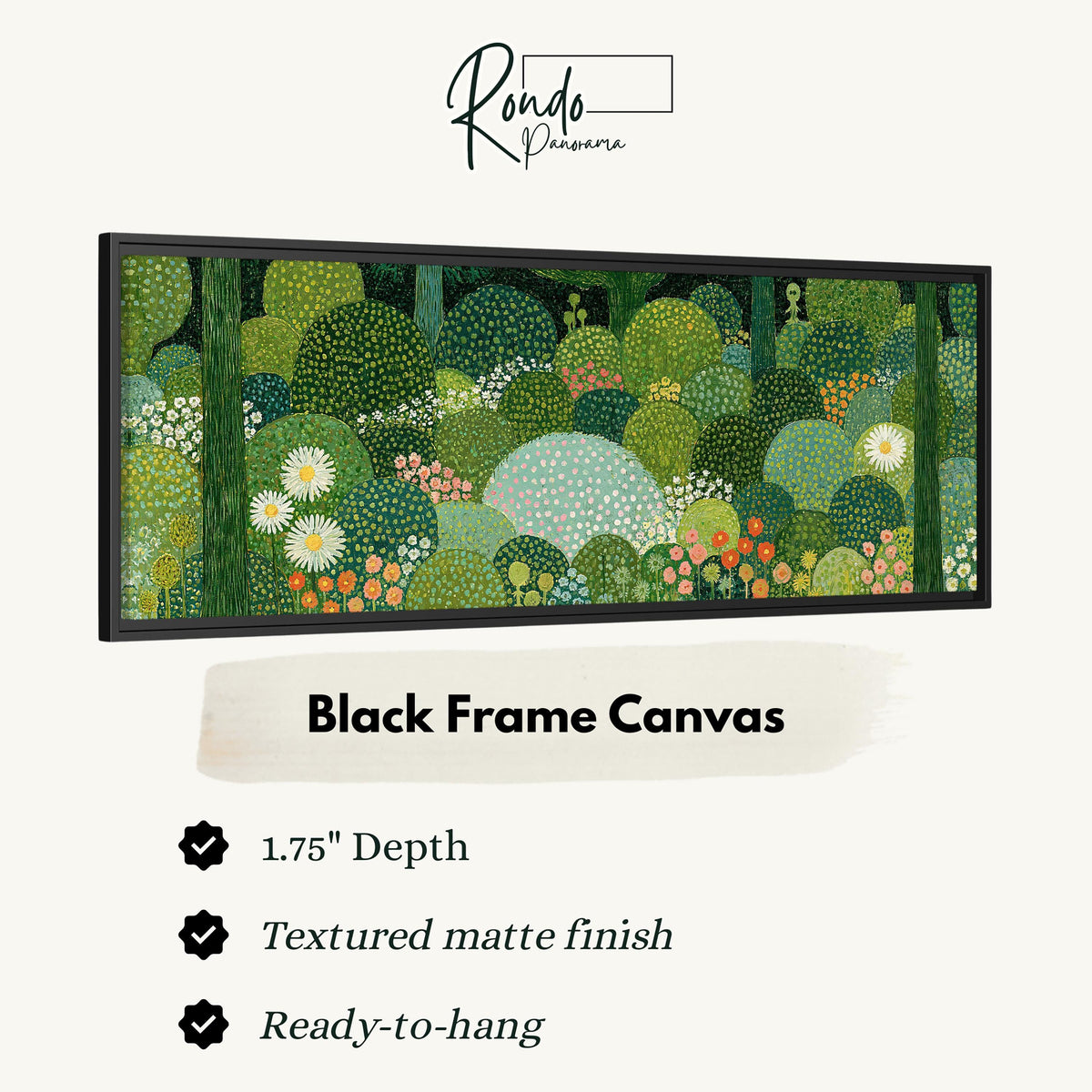 Whimsical dotted topiary garden canvas print in a black floating frame