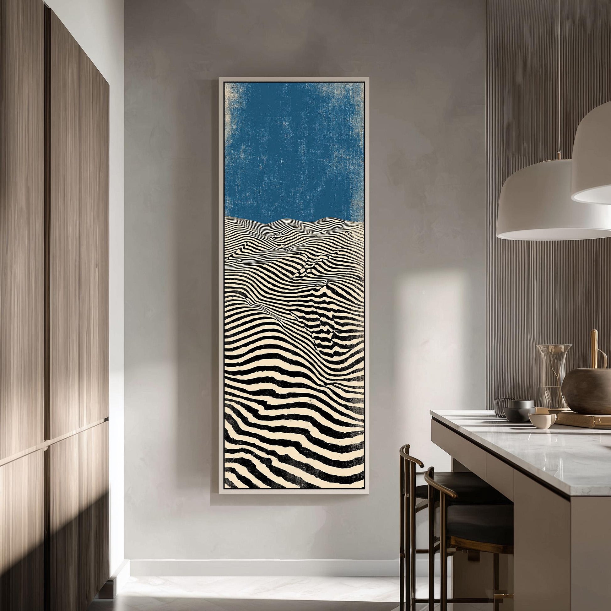 a modern kitchen with a large abstract painting hanging on the wall, depicting a blue sky with white clouds and a black and white striped pattern.