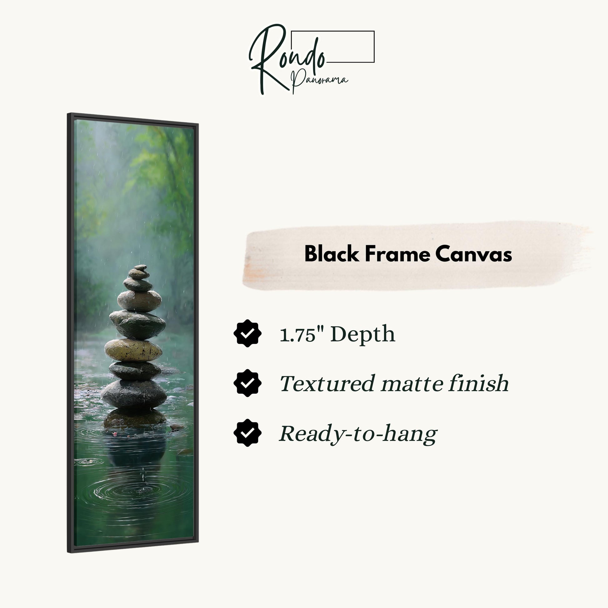 The image is a black frame canvas depicting a stack of stones in a body of water, with a text overlay providing details about the product.
