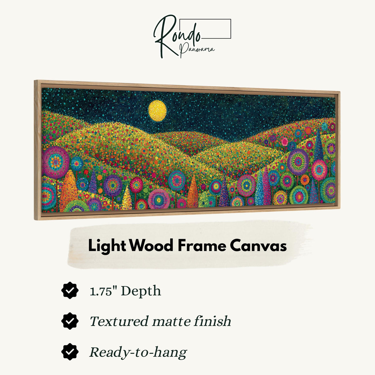 Moonlit flower hills canvas print in a light wood floating frame