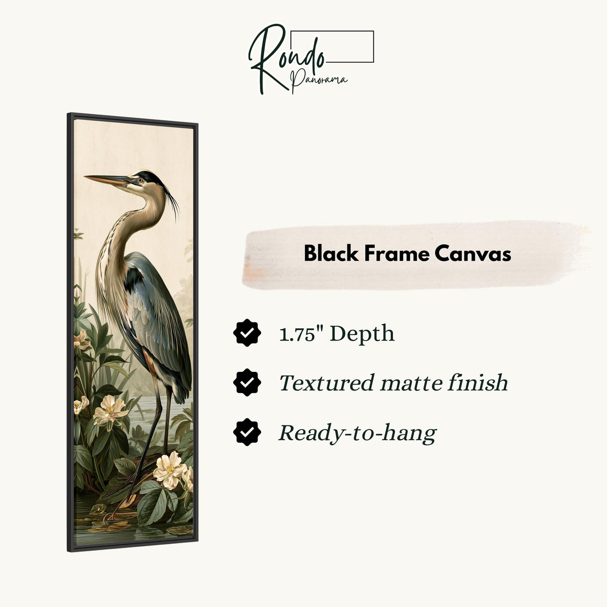 Blue heron among magnolia blooms canvas print in a black floating frame
