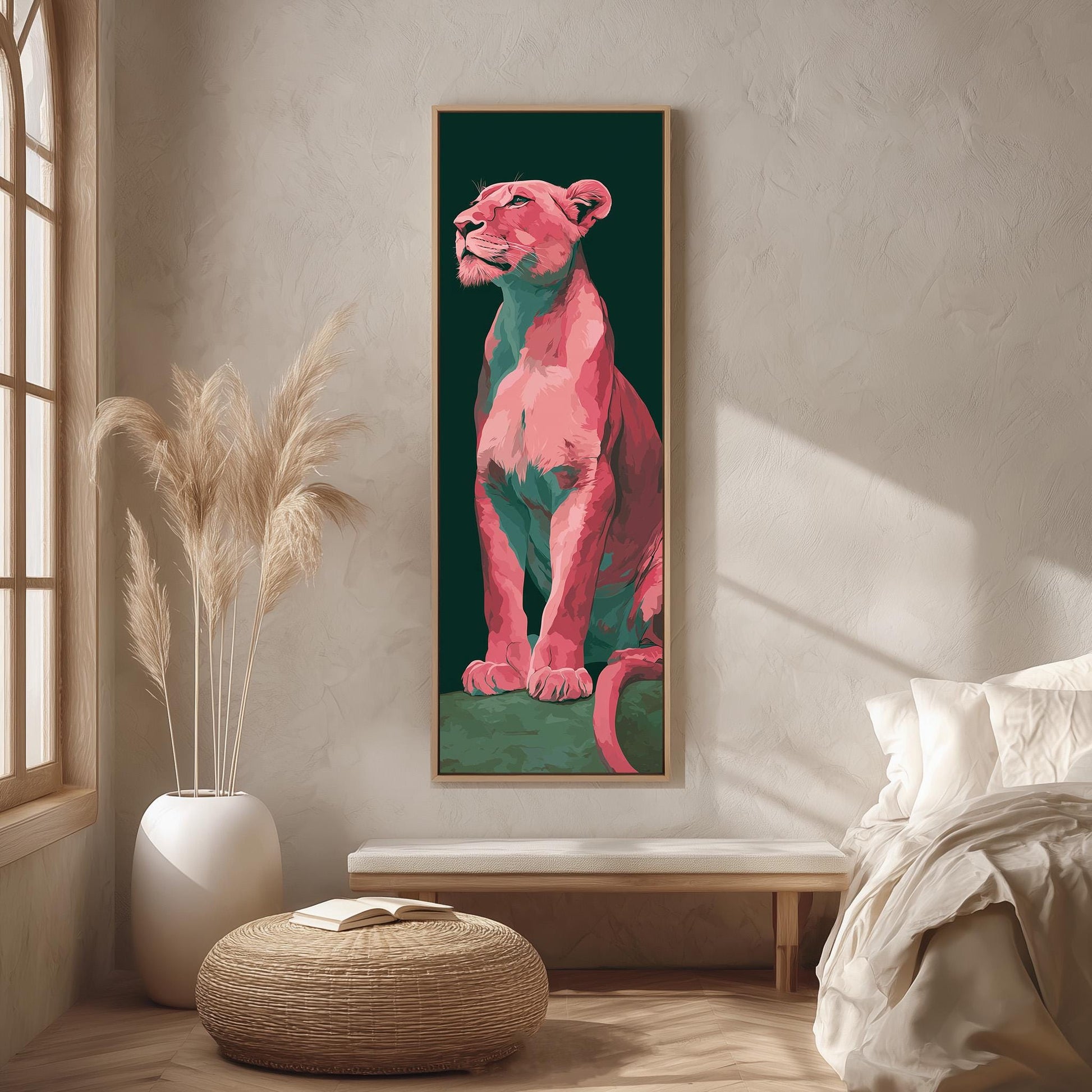 a large, colorful painting of a lion on a green background, hanging on a wall in a room with a bed, a potted plant, and a woven ottoman.