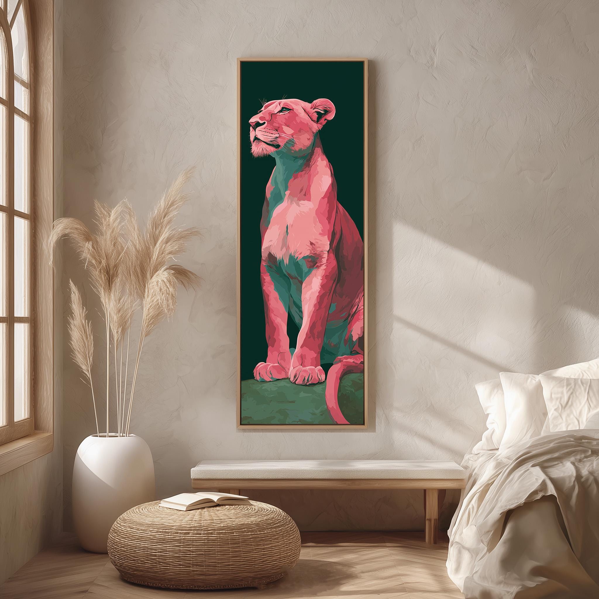 a large, colorful painting of a lion on a green background, hanging on a wall in a room with a bed, a potted plant, and a woven ottoman.