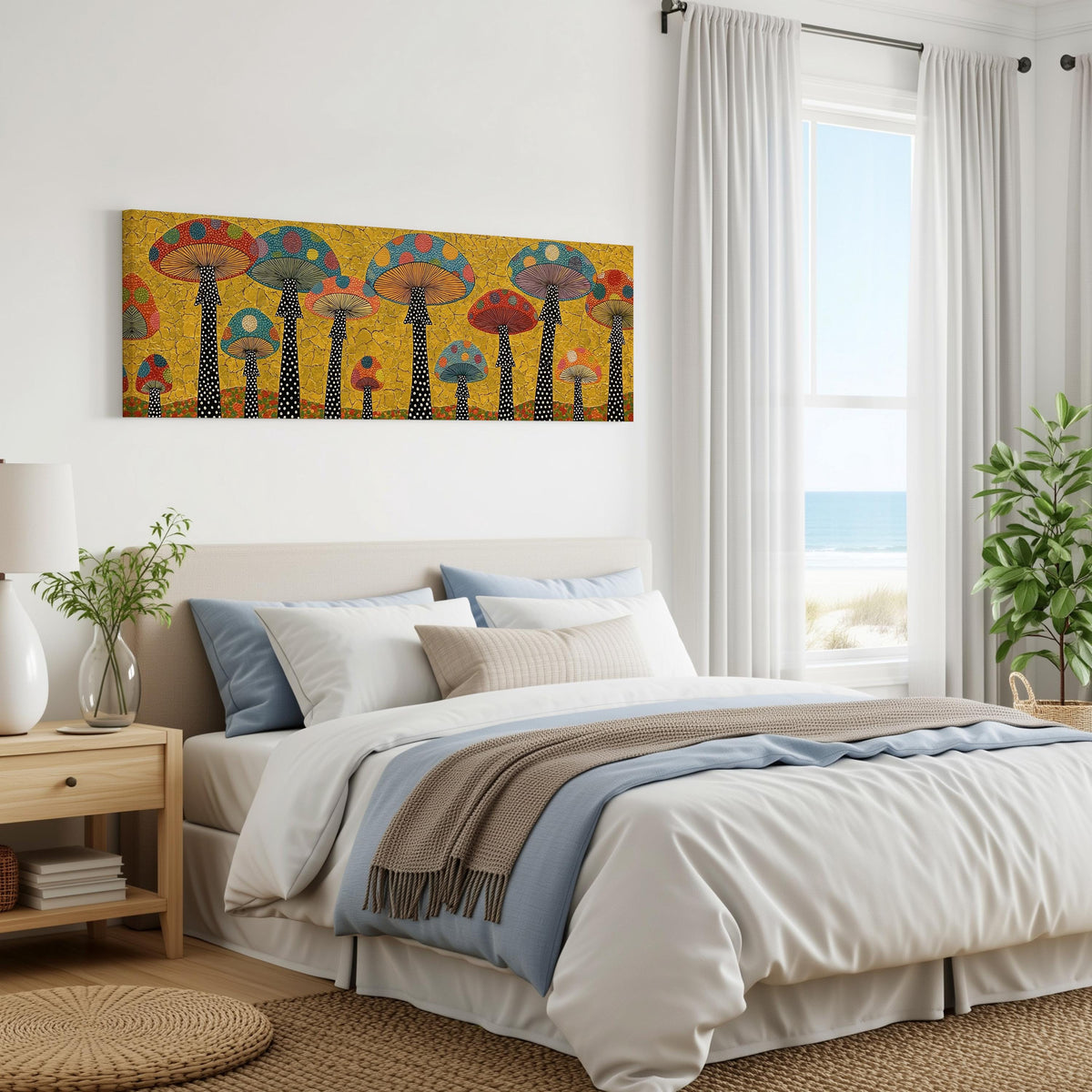 Polka dot mushrooms on gold panoramic canvas print above a bed in a coastal bedroom