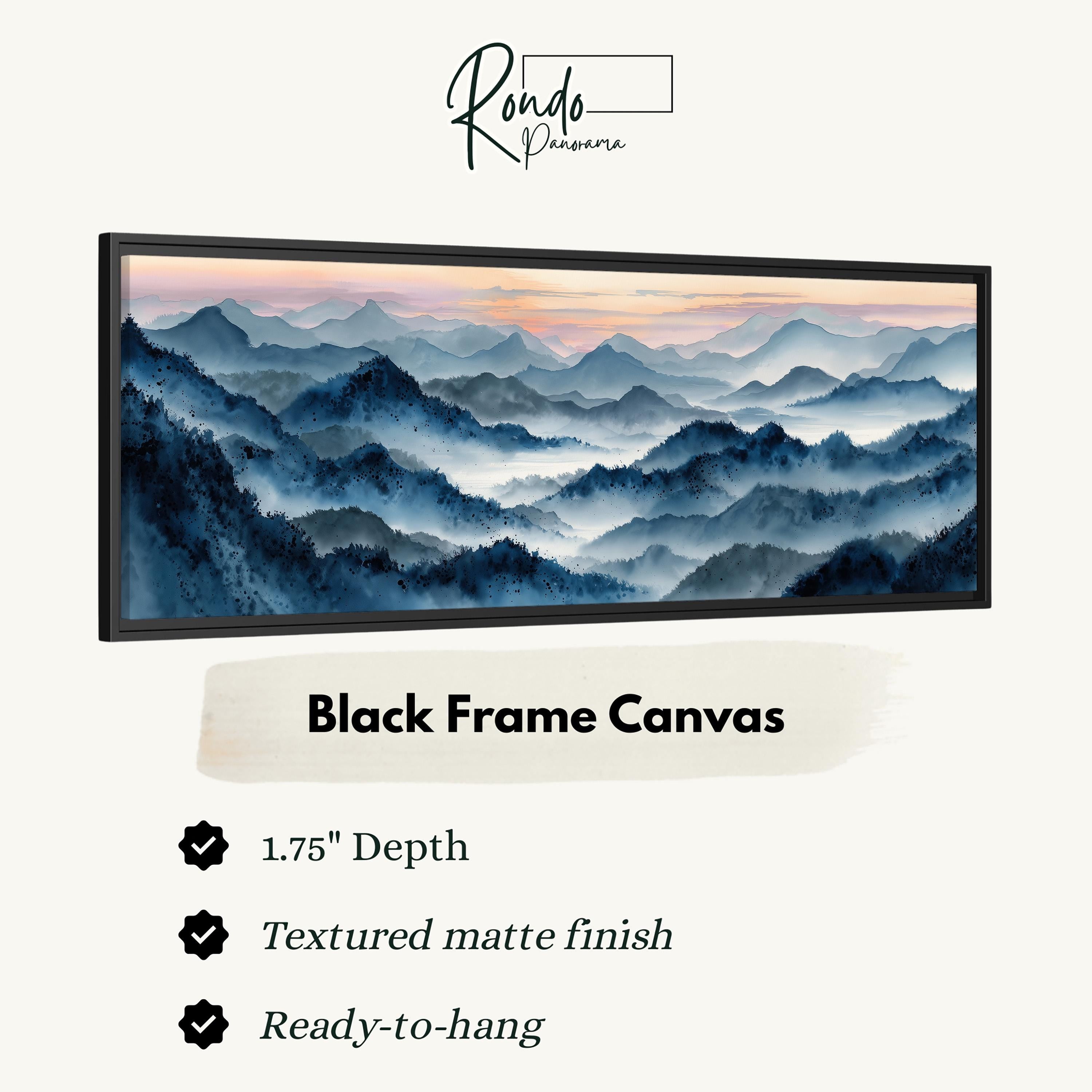 The image is a black frame canvas depicting a mountainous landscape with a hazy, misty atmosphere.