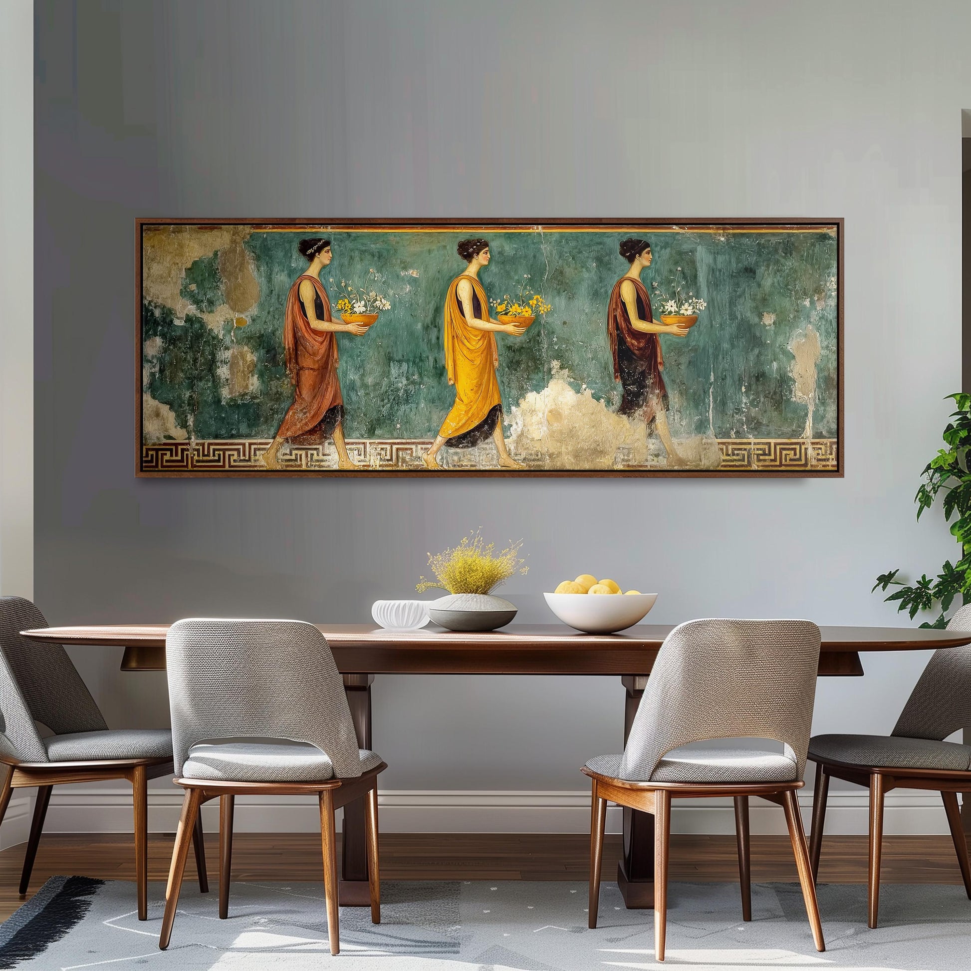 a large painting of three women walking in a row, each carrying a basket of flowers, displayed on a wall above a wooden dining table with four chairs.