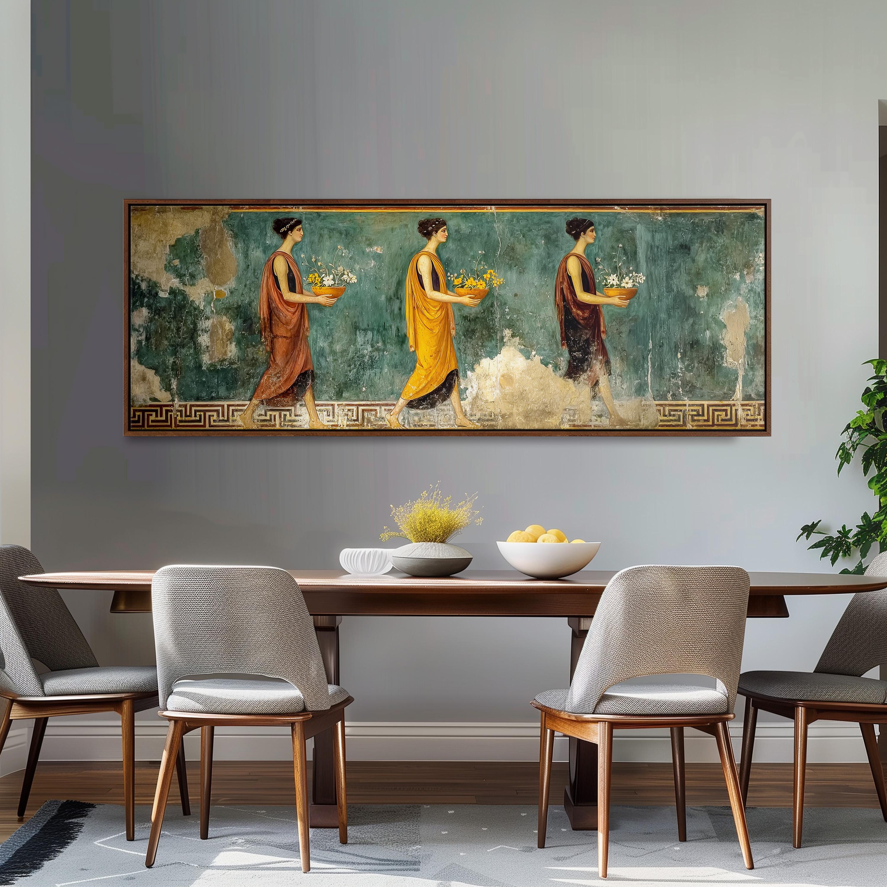 a large painting of three women walking in a row, each carrying a basket of flowers, displayed on a wall above a wooden dining table with four chairs.