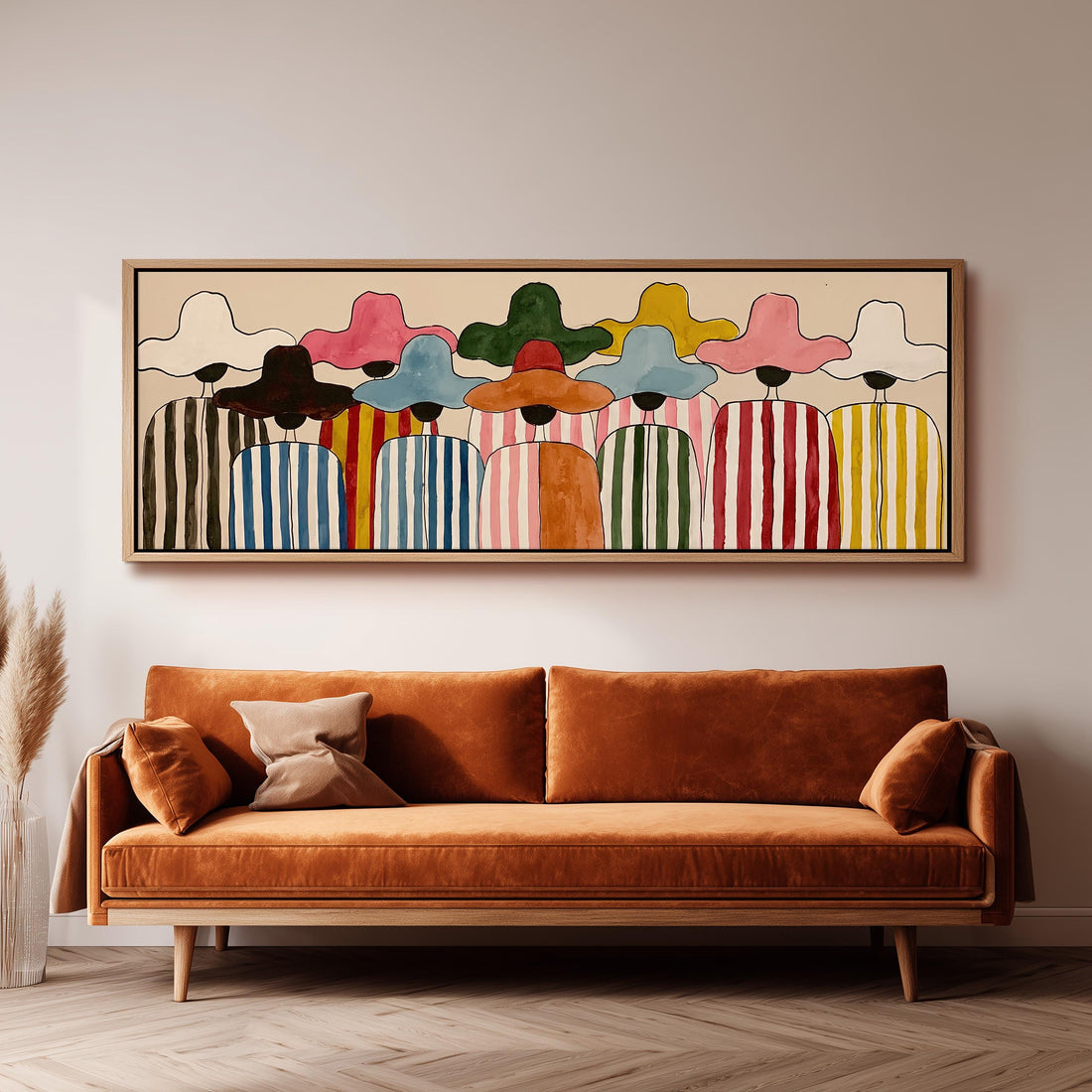 Crowd of figures in colorful sun hats long horizontal canvas print above a sofa in a living room