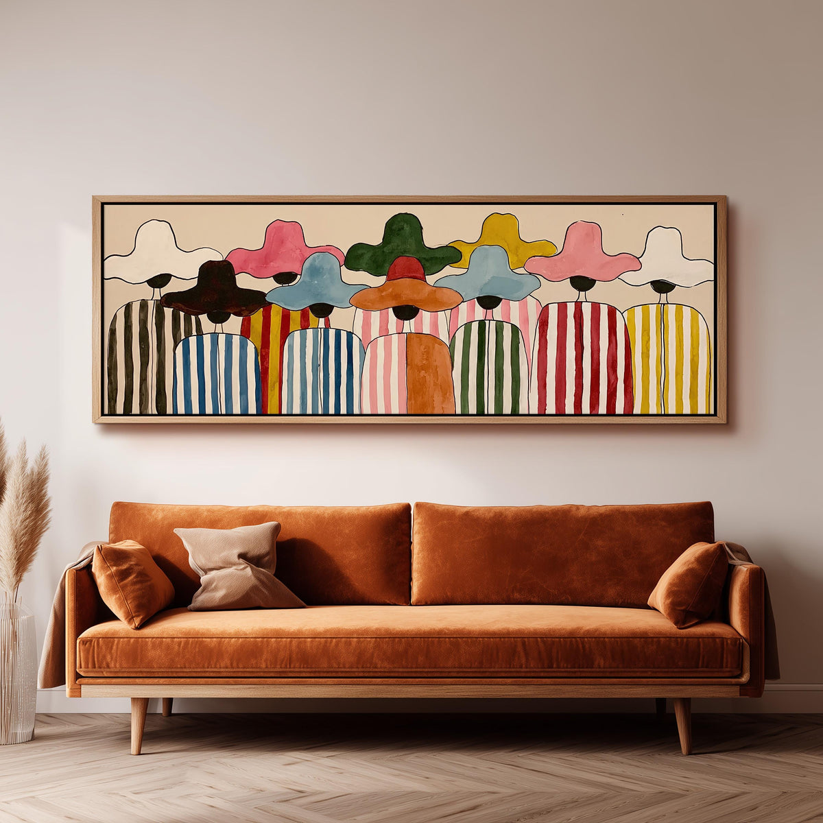 Crowd of figures in colorful sun hats long horizontal canvas print above a sofa in a living room