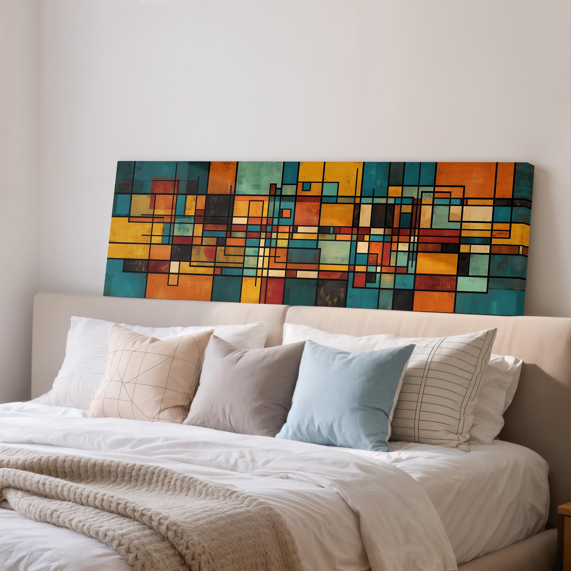 a large abstract painting hanging on a wall above a bed with white pillows and a gray blanket.
