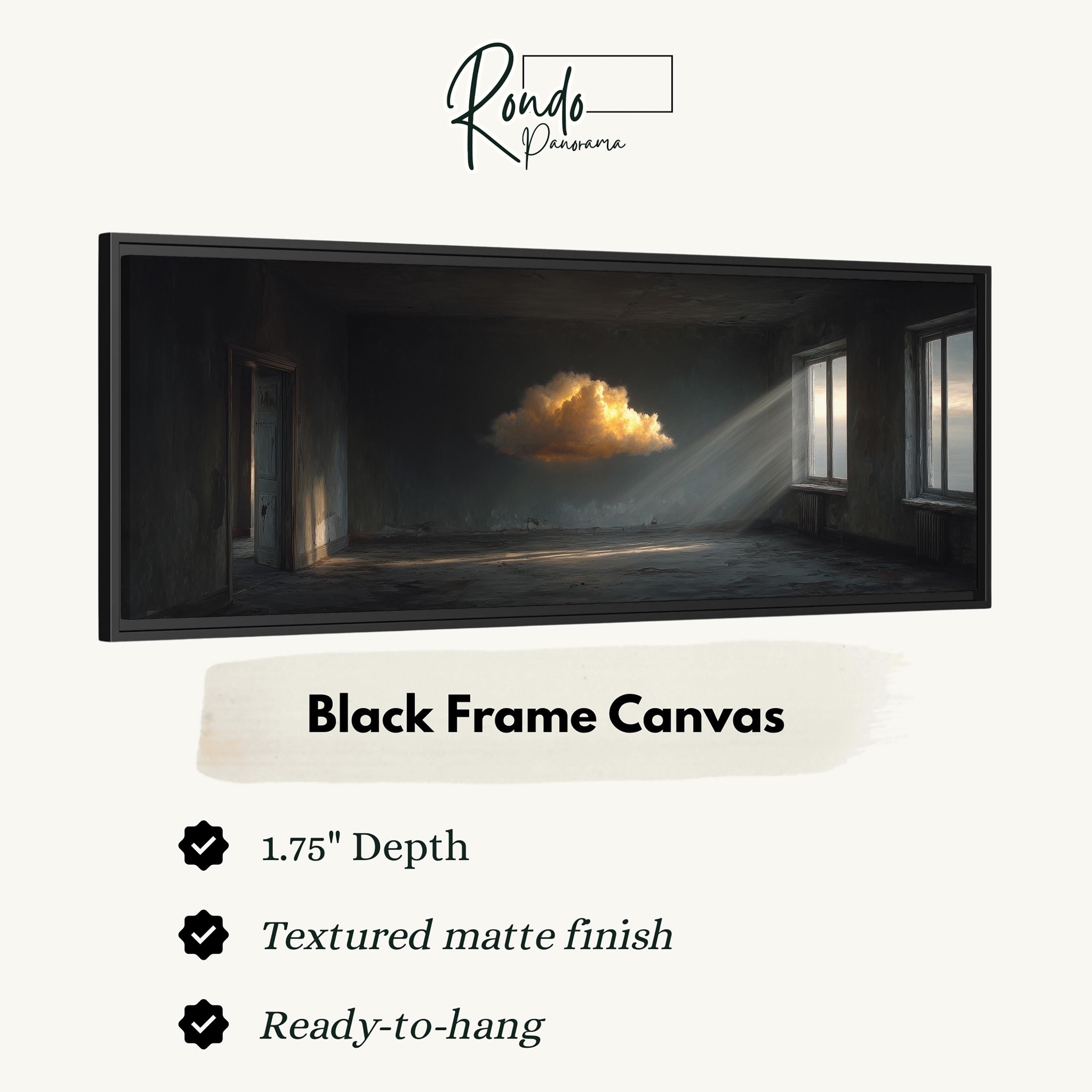 The image is a black frame canvas depicting an open, empty room with a large, glowing cloud in the center, creating a dramatic and atmospheric scene.
