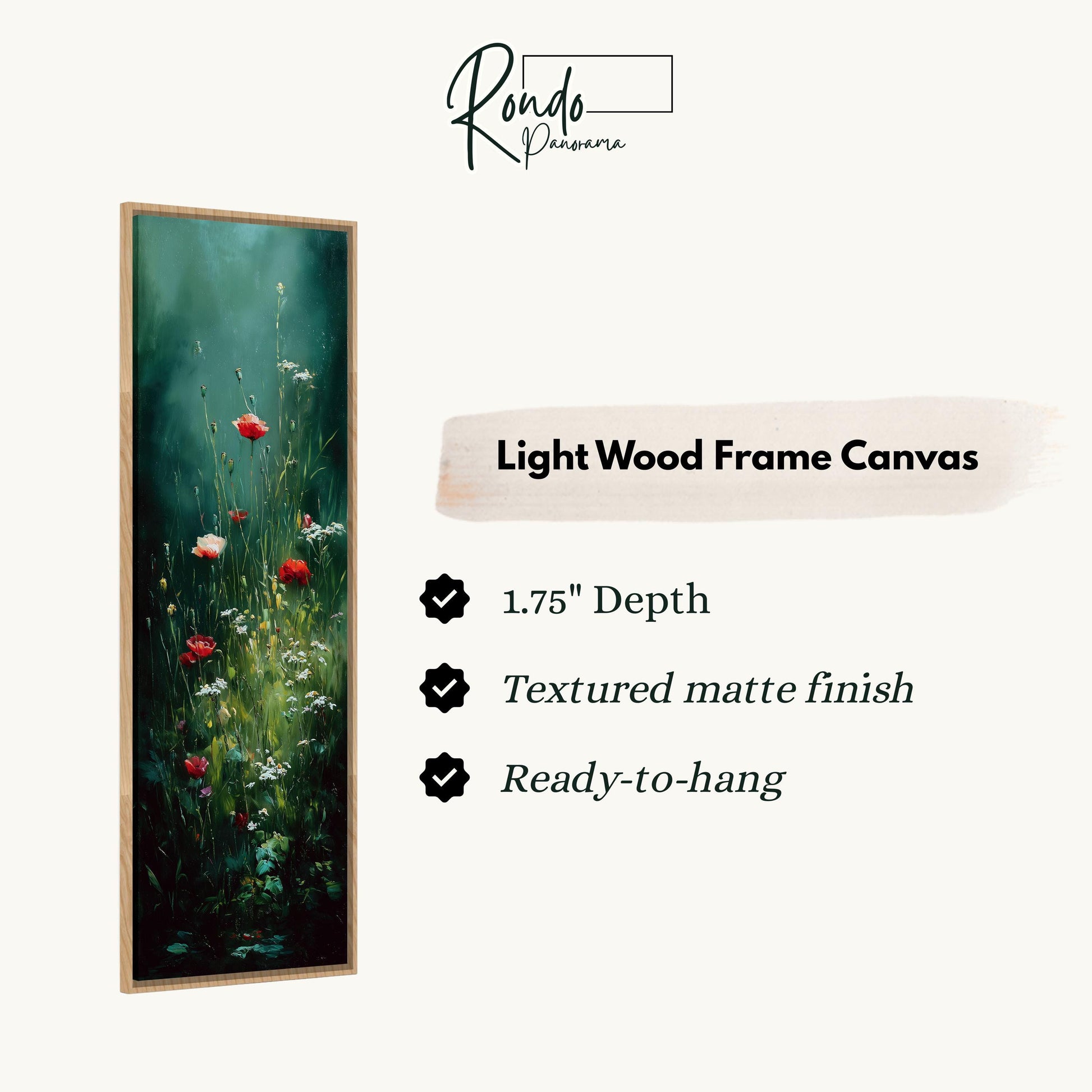 The image is a vertical wooden frame canvas depicting a lush green forest with red flowers.