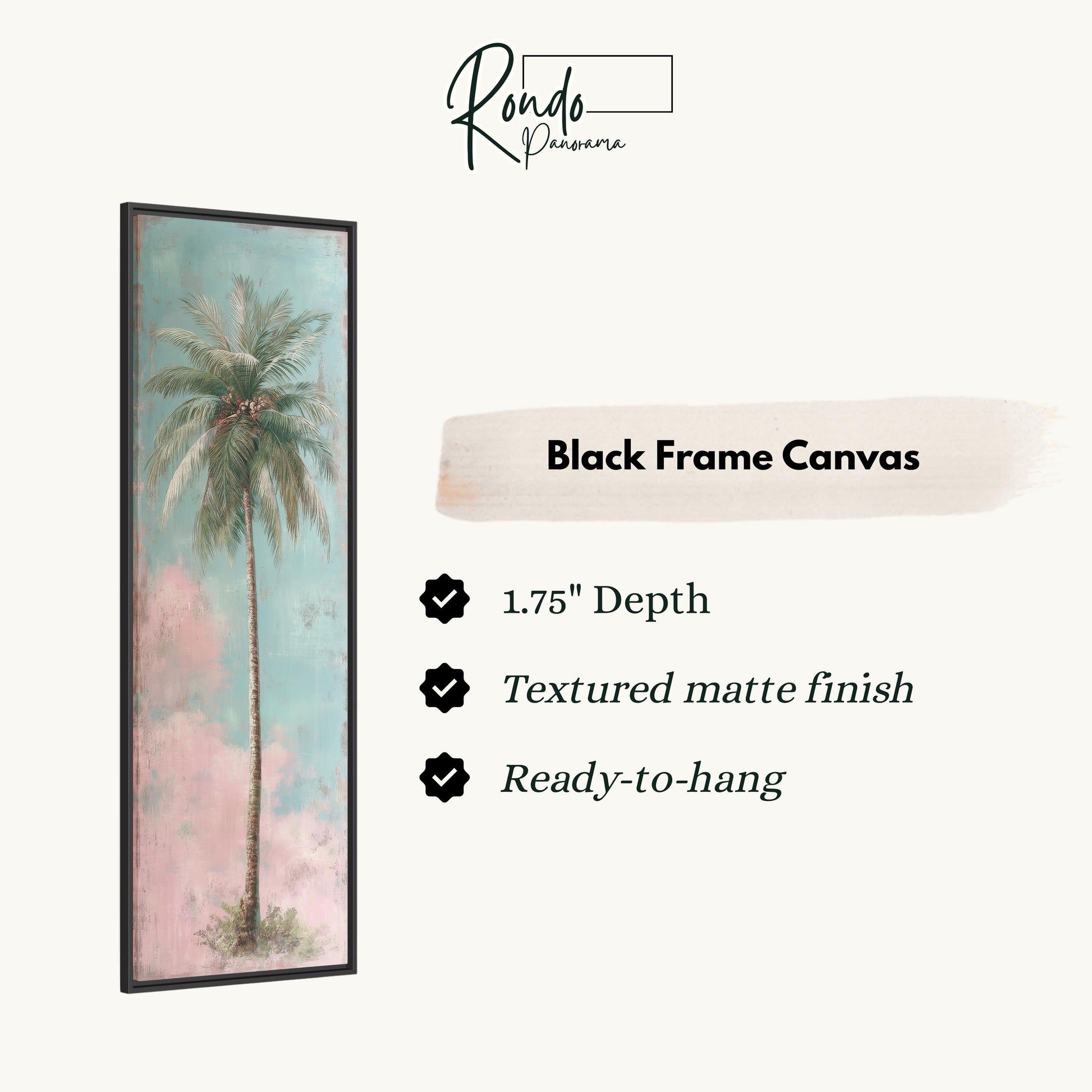 The image is a black frame canvas depicting a palm tree with a pink and blue background.