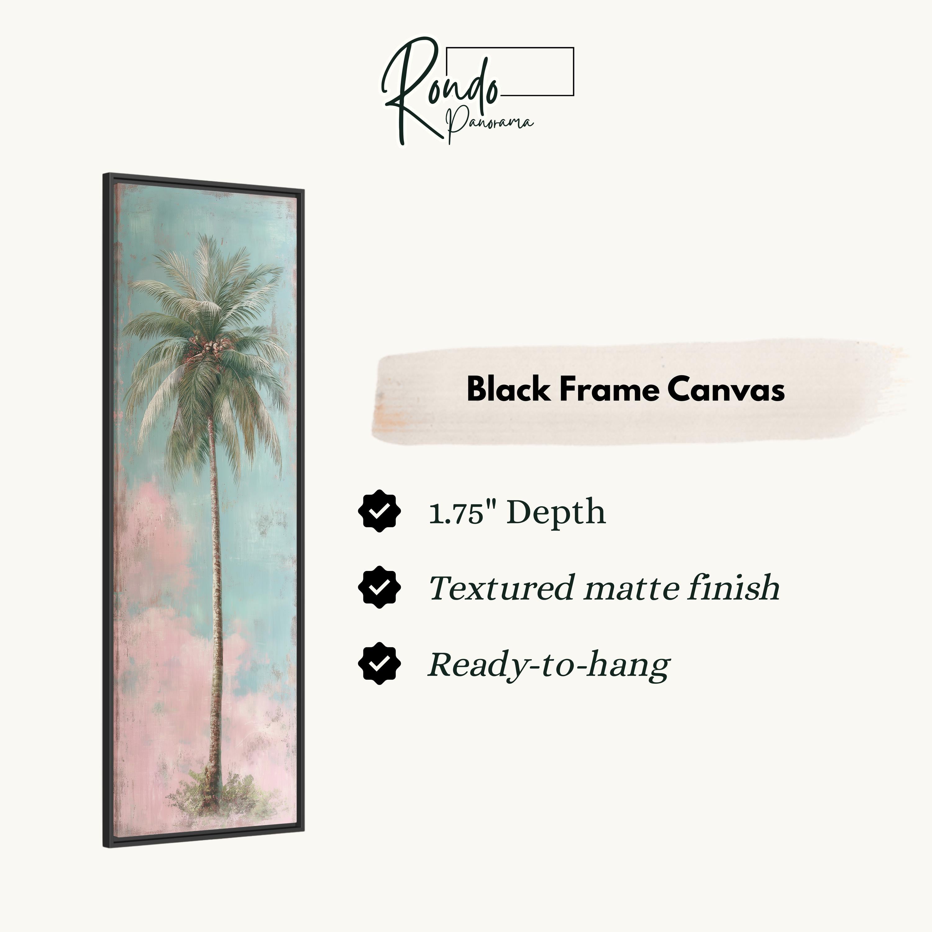The image is a black frame canvas depicting a palm tree with a pink and blue background.