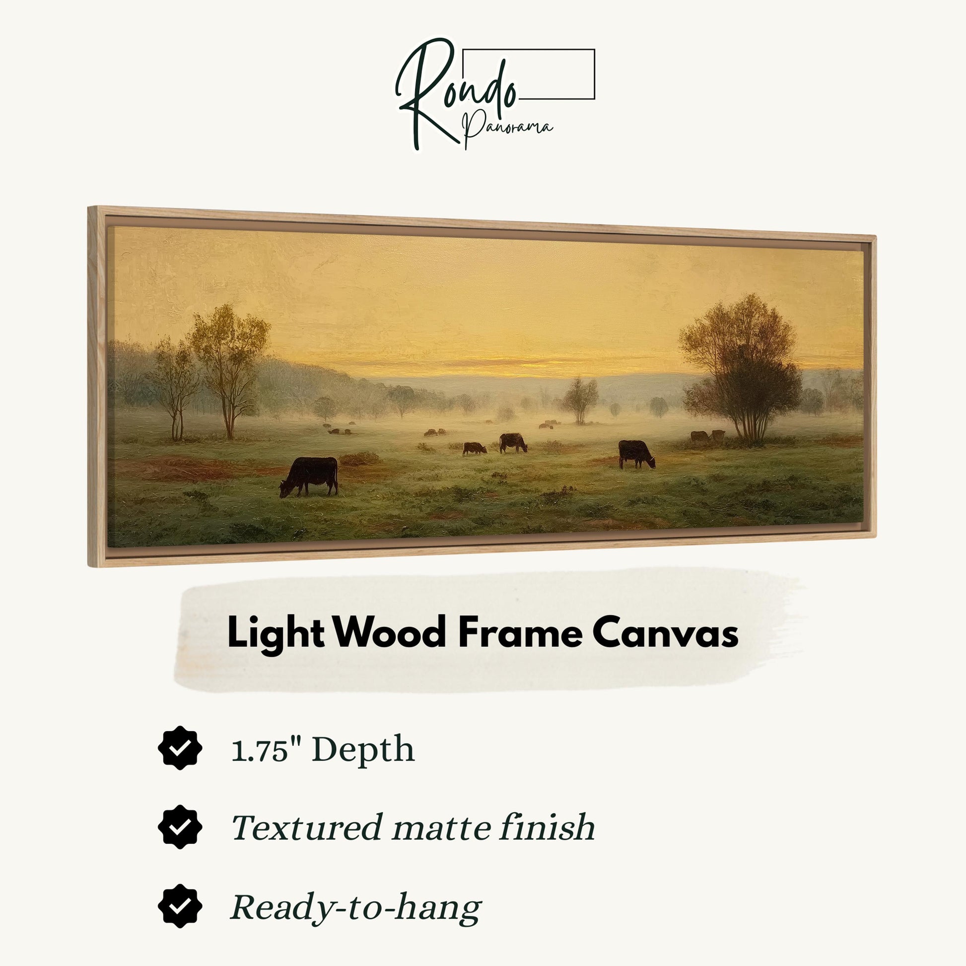 The image is a light wood frame canvas depicting a pastoral scene with cows grazing in a field.