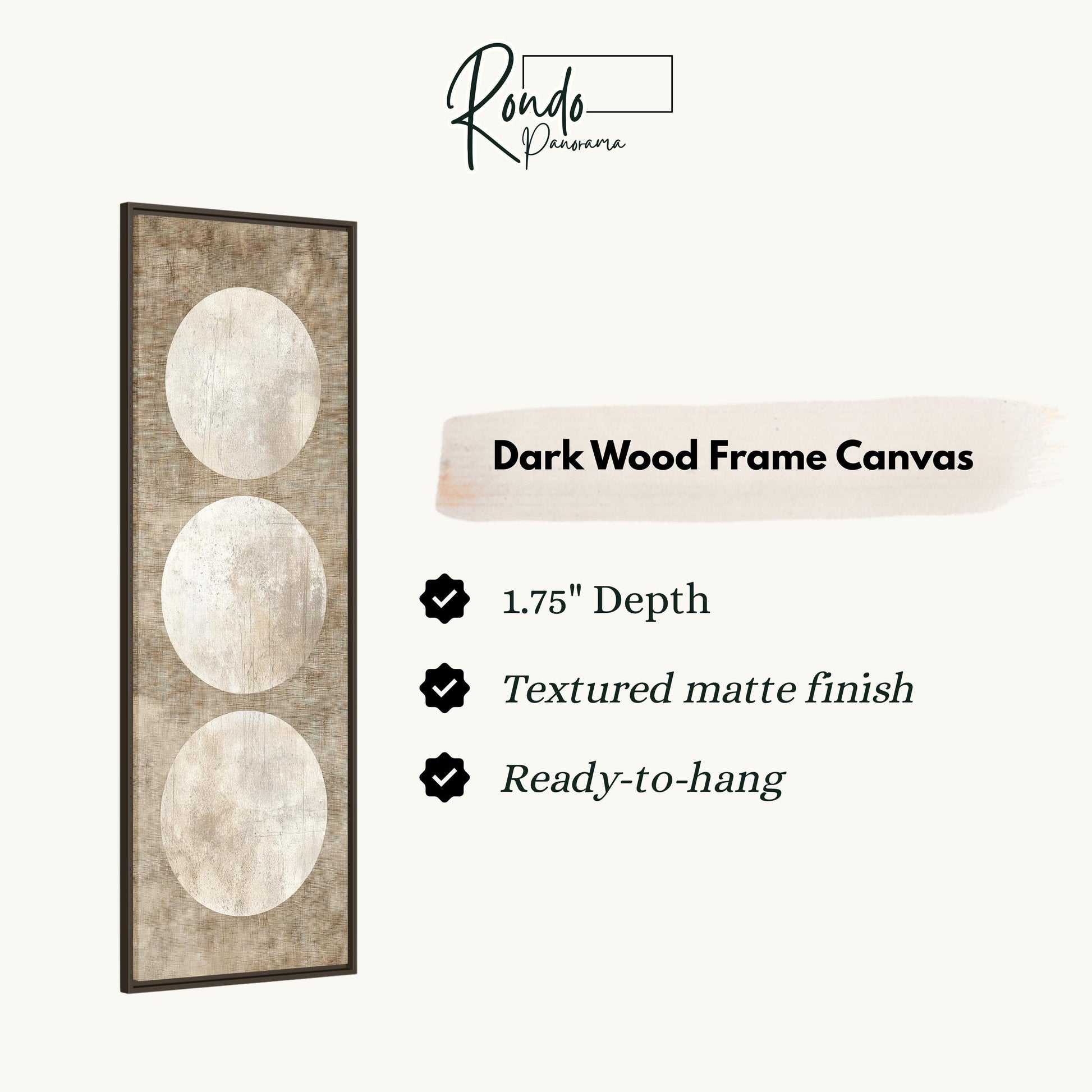 The image is a product description for a dark wood frame canvas. It features a dark wood frame with three circles on it, and provides details about the product, including its dimensions, finish, and hanging capabilities.
