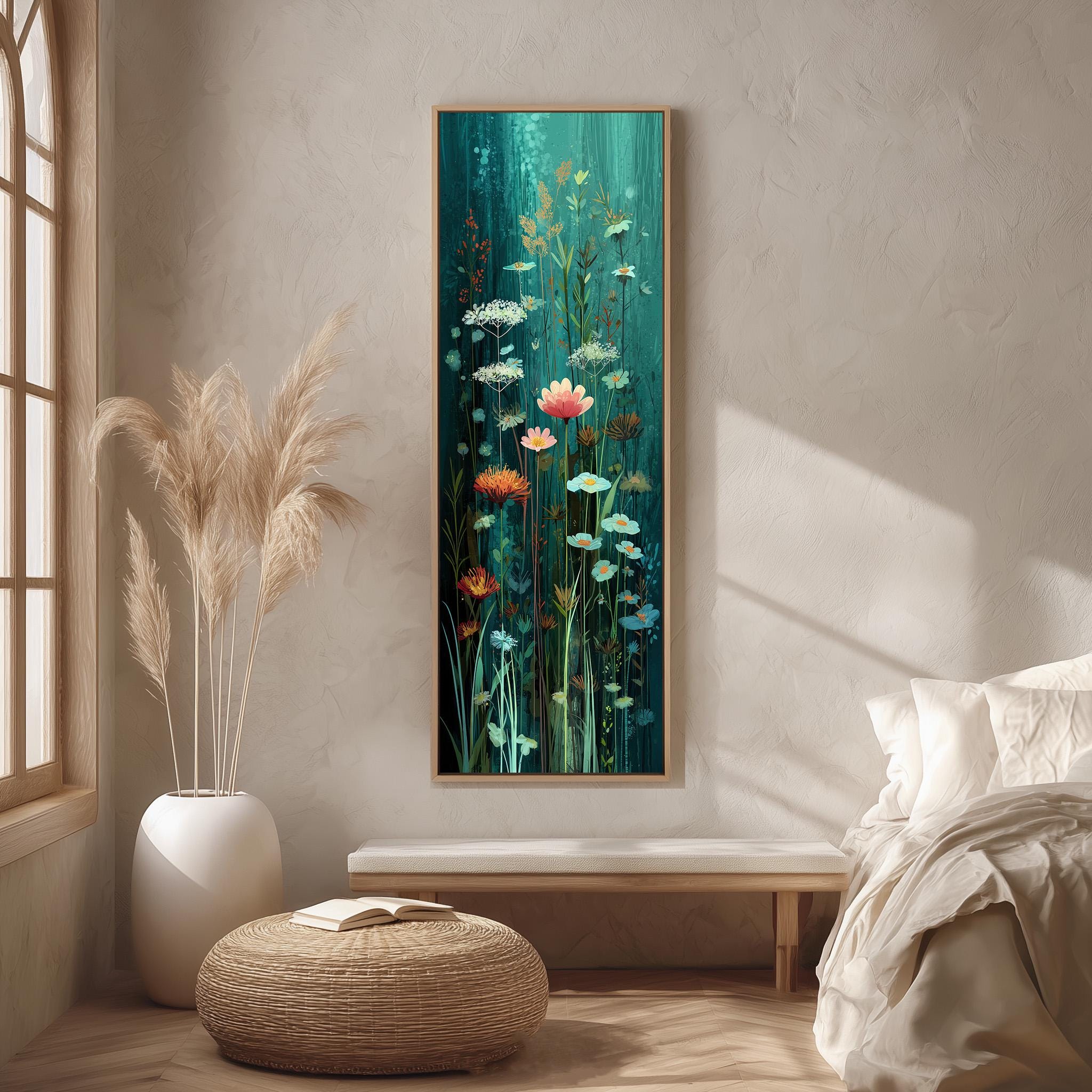 a large, colorful painting of flowers hanging on a wall in a room with a bed, a wicker ottoman, and a window.