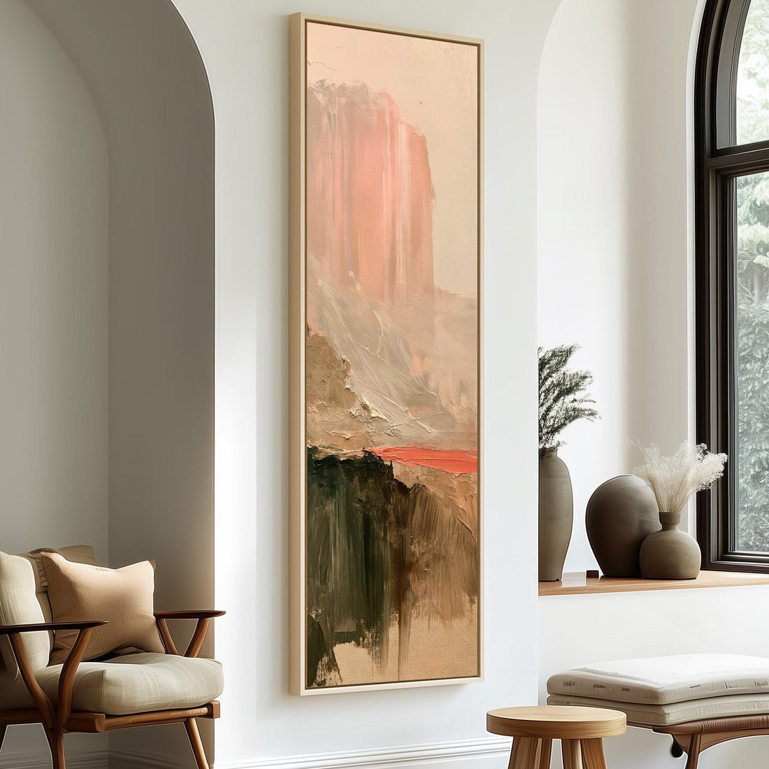 Abstract desert mesa and red river long vertical canvas print in a sunlit living space