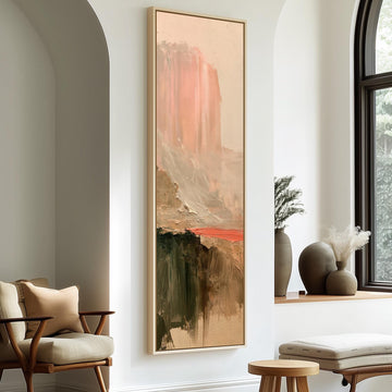 Abstract desert mesa and red river long vertical canvas print in a sunlit living space