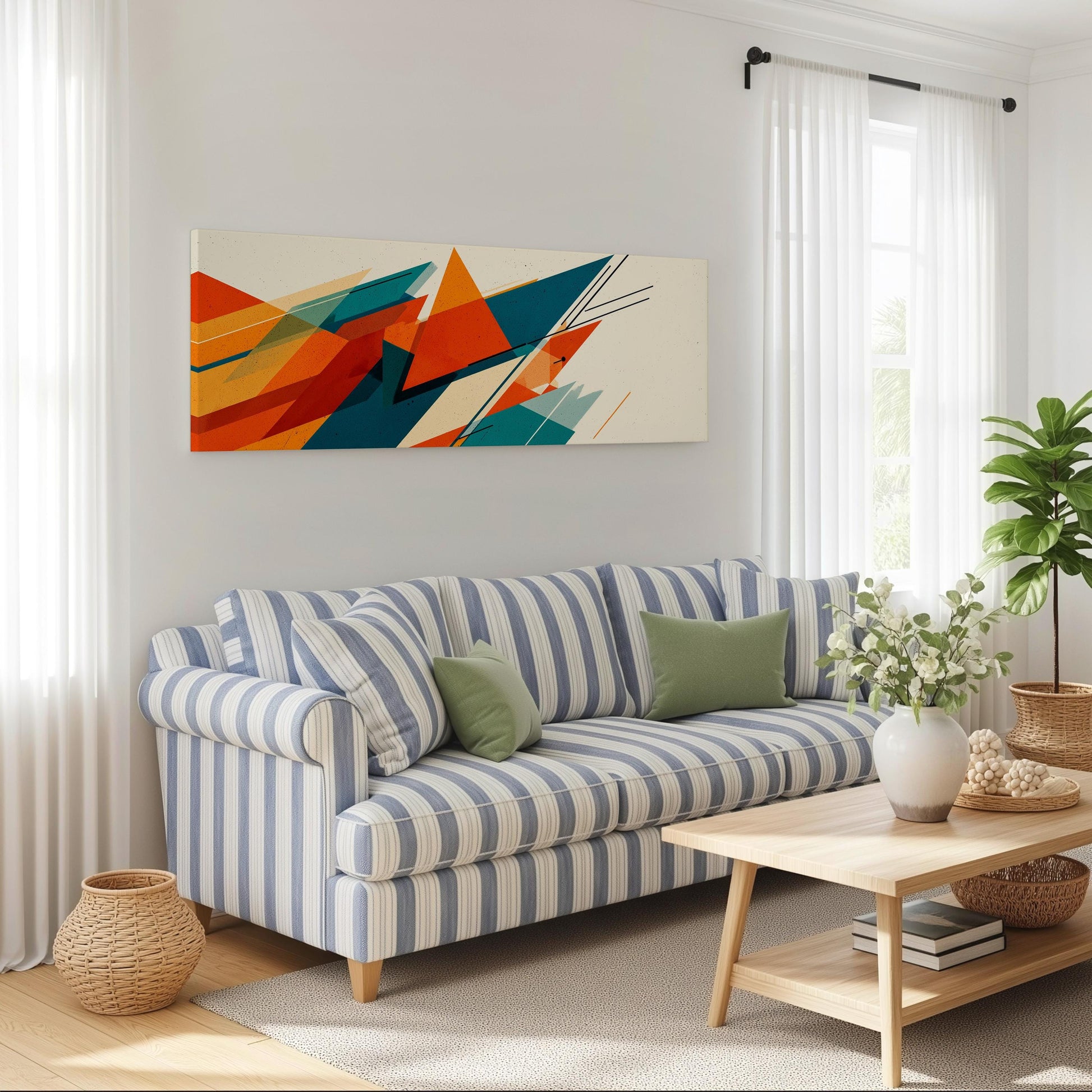 a modern living room with a striped blue and white sofa, a wooden coffee table, and a large abstract painting on the wall.