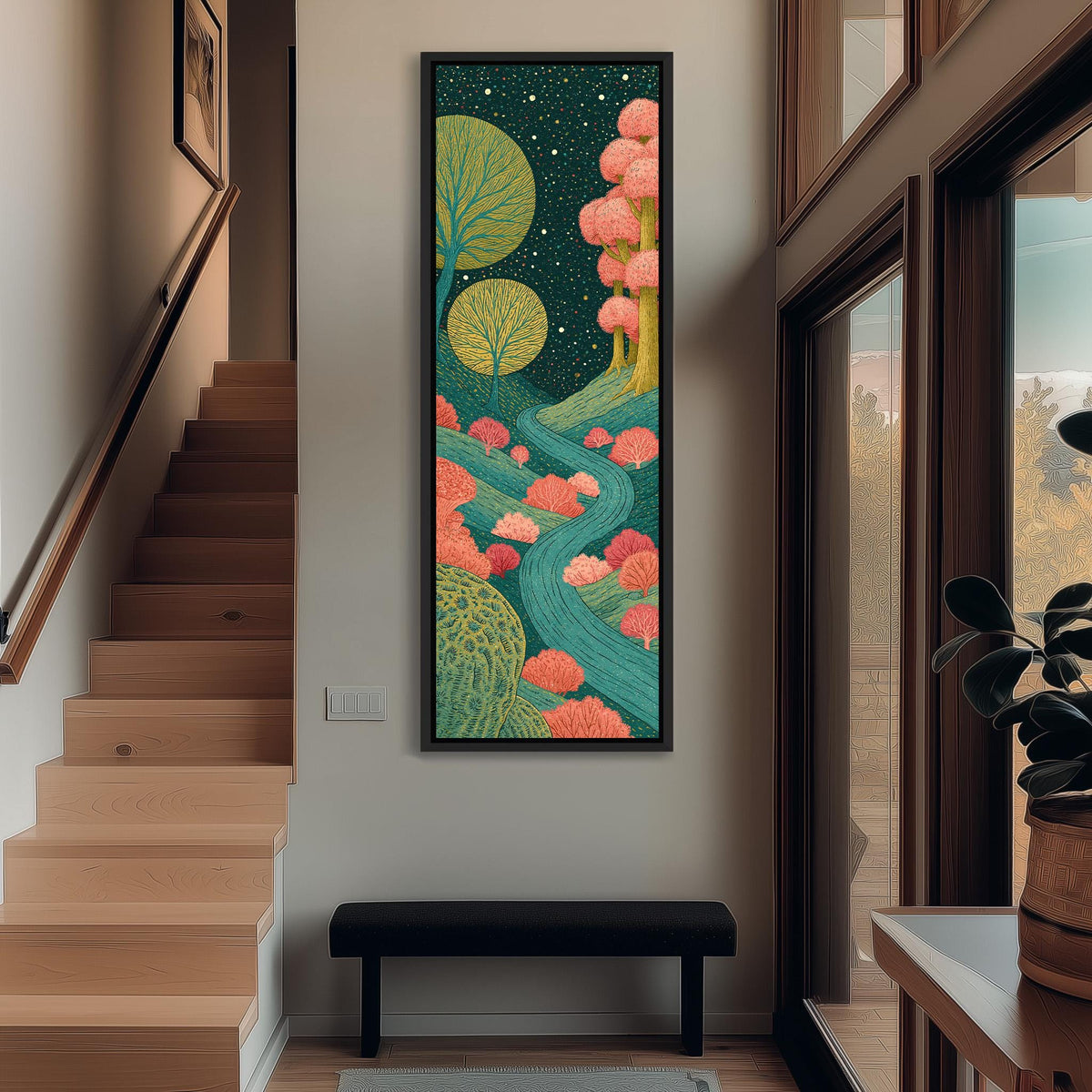 Moonlit path through blossom trees tall narrow canvas print beside a staircase in an entryway