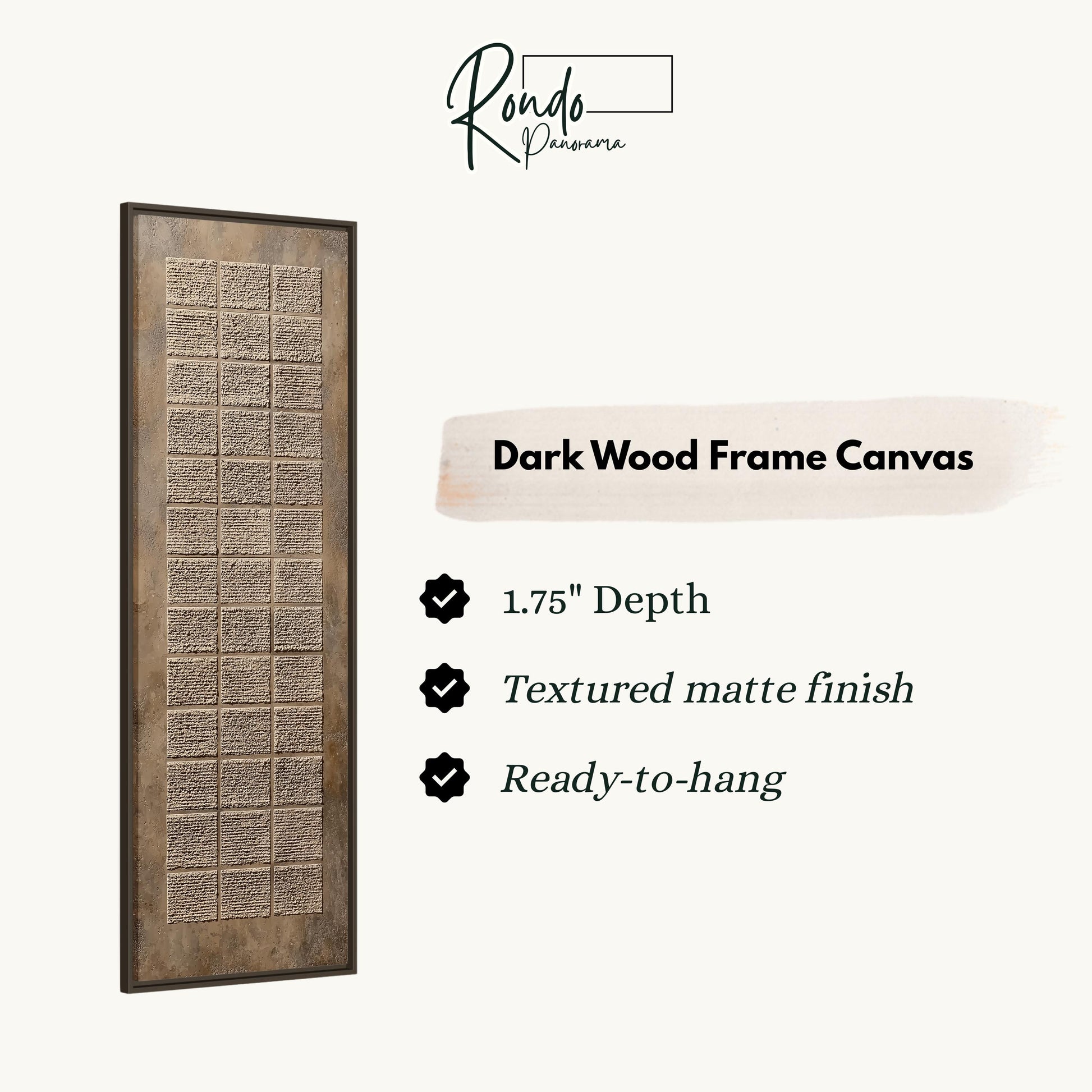 The image is a product description for a dark wood frame canvas. It features a close-up view of a wooden frame with a textured finish, and it is described as having a 1.75" depth, a textured matte finish, and a ready-to-hang feature.