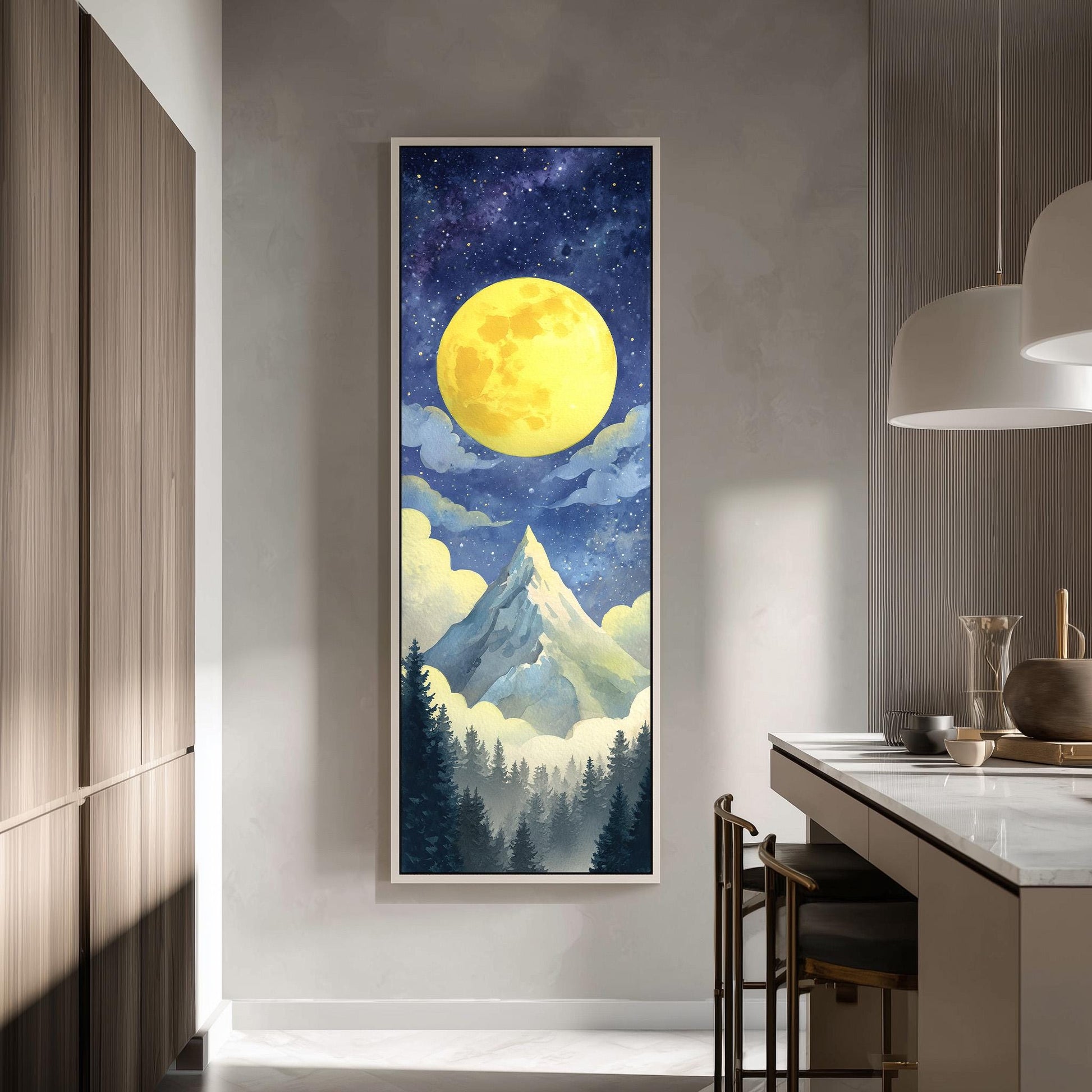 a large painting of a mountain landscape with a bright yellow moon in the night sky, surrounded by clouds and trees.