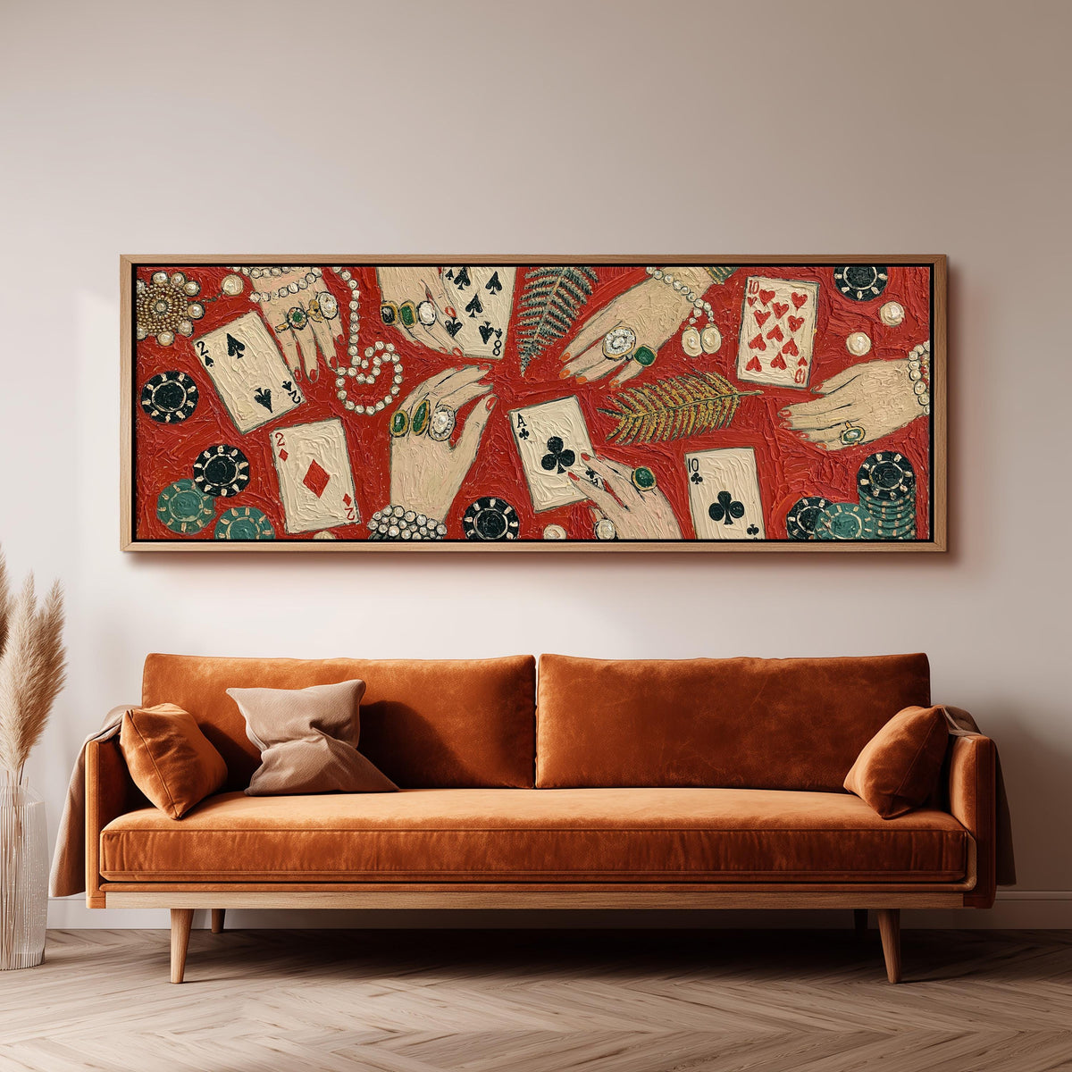 Playing cards, chips and jeweled hands wide panoramic canvas print above a bench in a dark living room