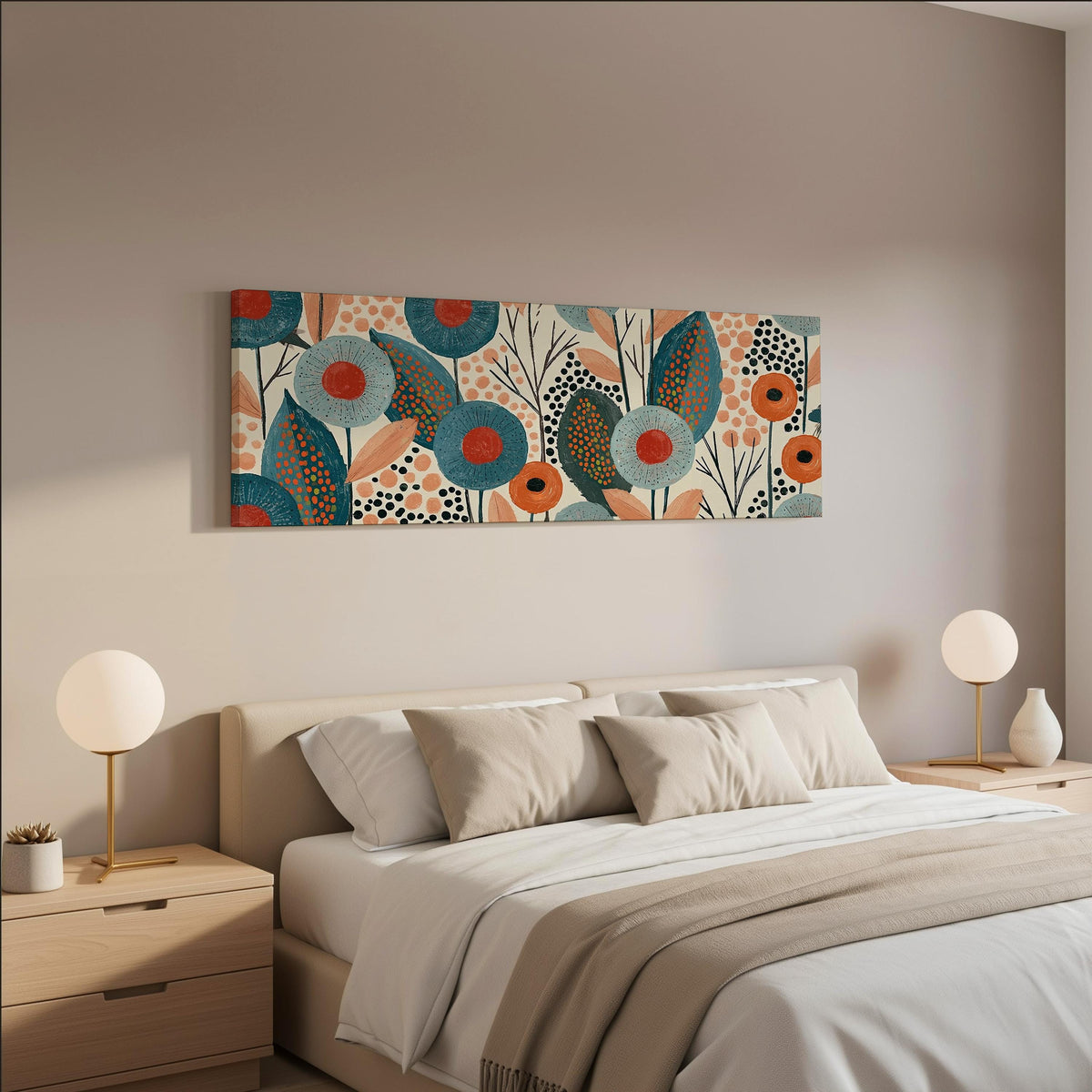 Teal poppies and speckled leaves wide panoramic canvas print above a bed in a neutral bedroom