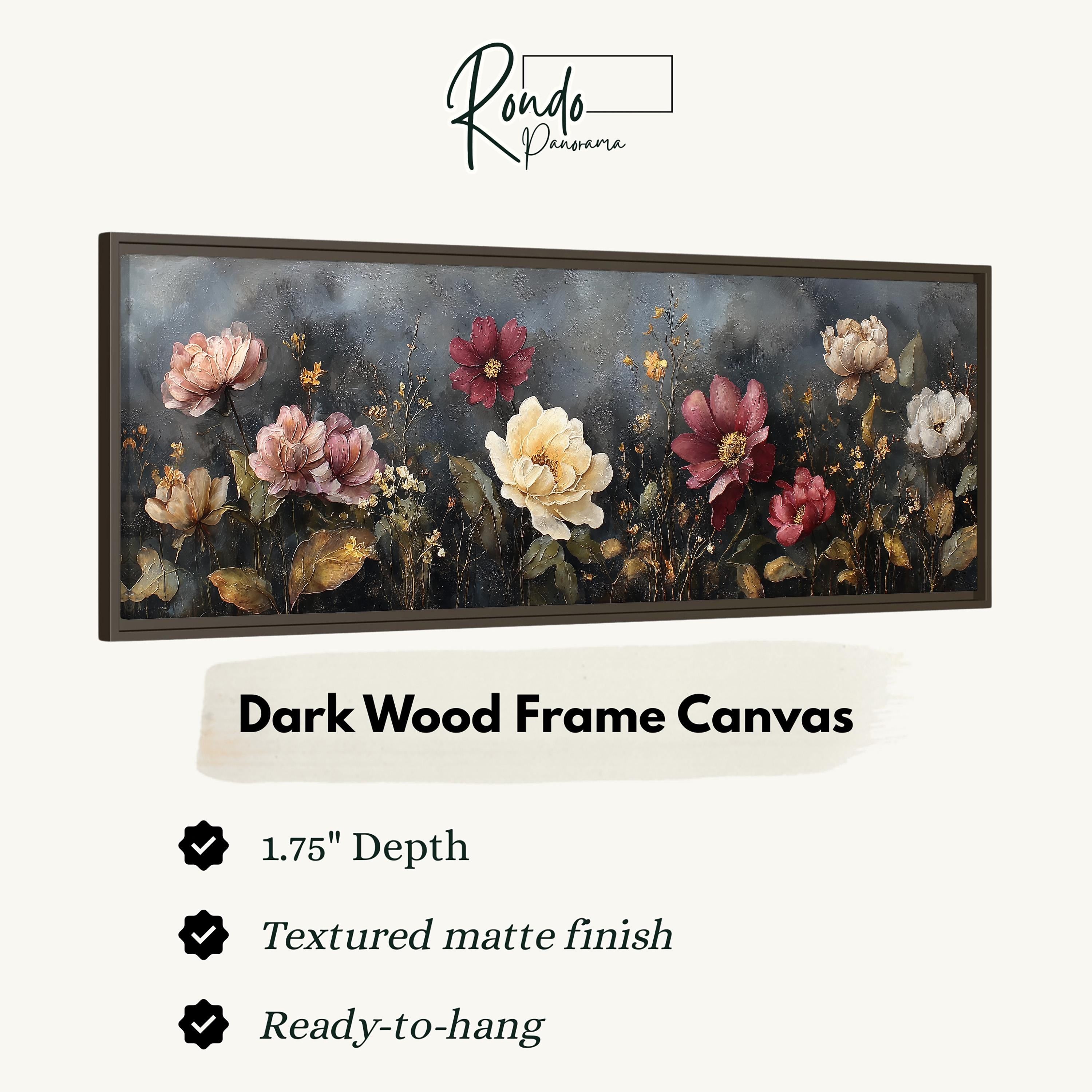 The image is a framed artwork depicting a floral scene with various types of flowers, including roses and other blooms, set against a dark wood background.