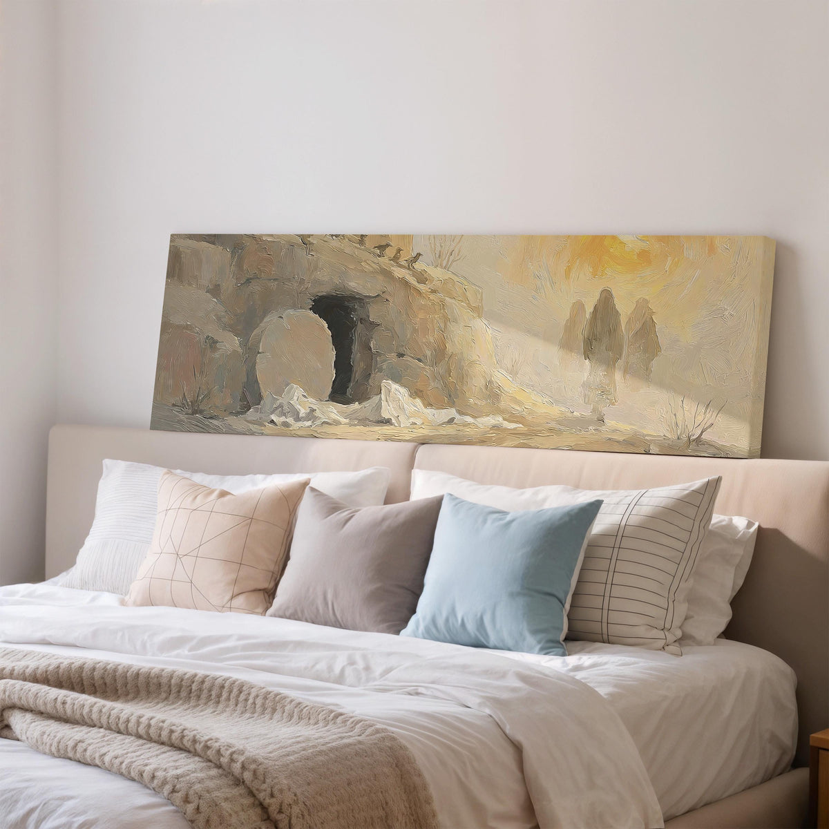 The empty tomb at sunrise wide panoramic canvas print above a bed in a bedroom