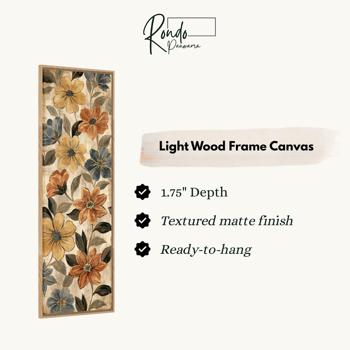 Gold and blue floral pattern canvas print in a light wood floating frame